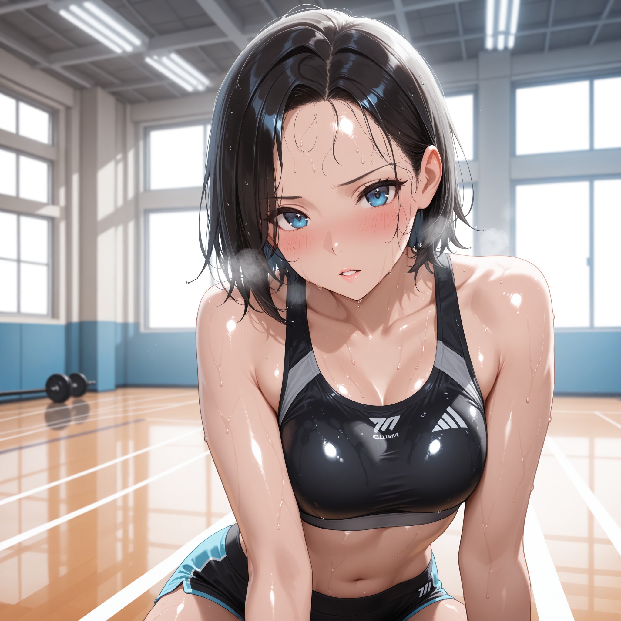 スポーツ後の汗ばんだ肌を表現したイラスト。sweating・glistening skin・sweat dropタグの組み合わせで、ライトを反射してきらめく汗粒を精細に描写。shiny skinとdramatic lightingが相乗効果を発揮し、健康的な運動美を演出する。