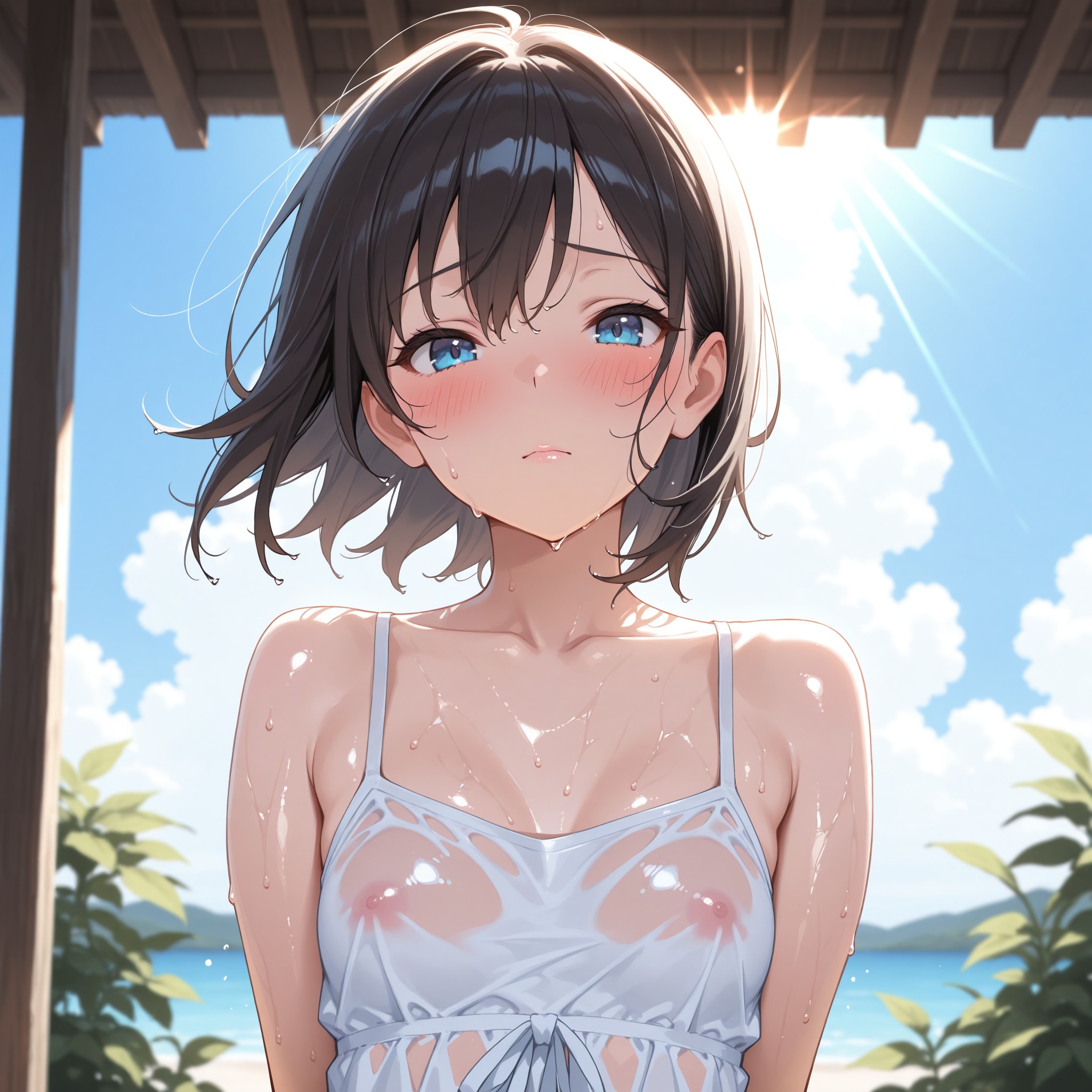 真夏の炎天下シチュエーション。wet skin・damp skin・see-throughを組み合わせ、じっとりとした夏の湿熱感を視覚化。バックライティングとリムライトで肌の透け感を美しく演出し、see-throughタグの視覚的インパクトを最大化する応用テクニック。