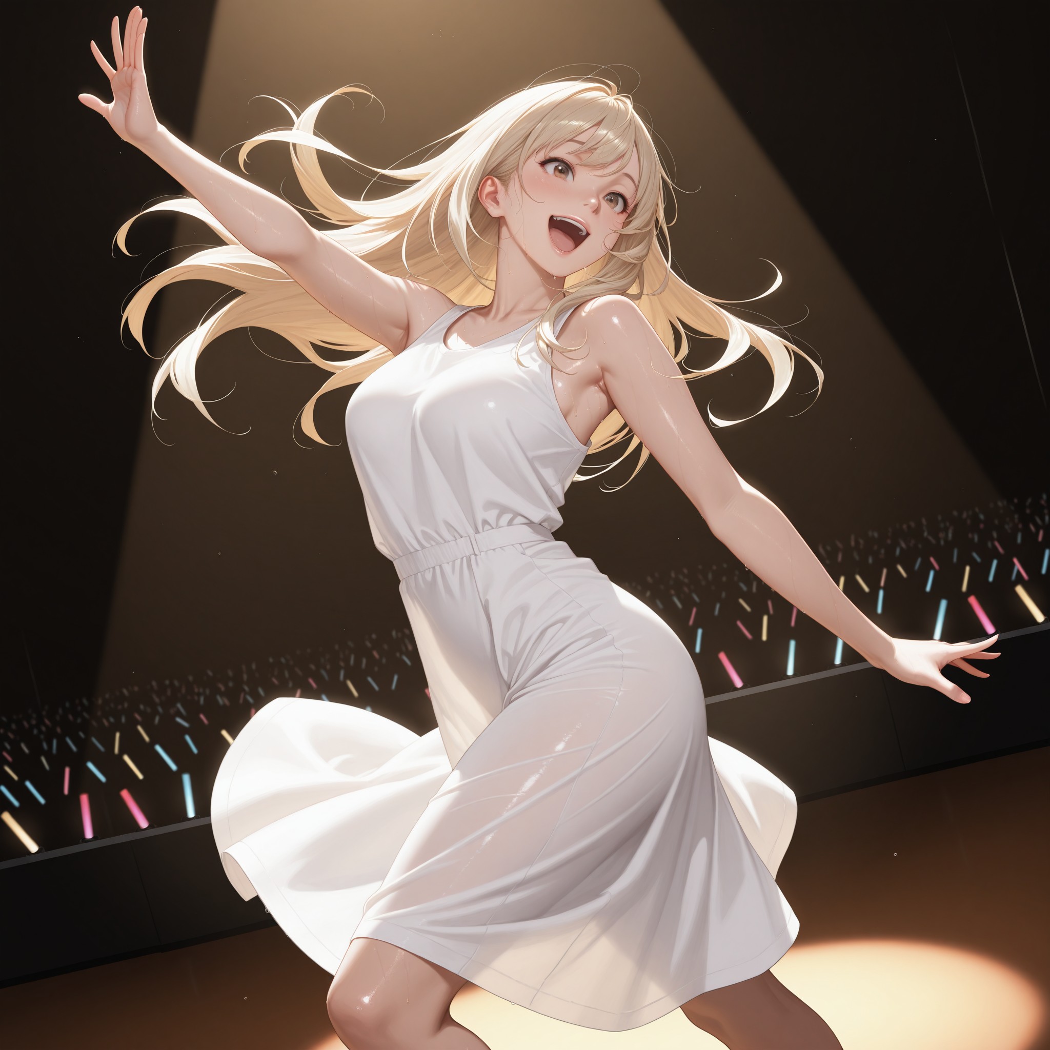 ダンスパフォーマンス中の躍動感ある汗表現。sweat flying・glistening skin・shiny skinをmotion blurと組み合わせ、スポットライトに弾け飛ぶ汗の粒を劇的に描写。reflective skinでステージ照明の反射も加え、動きと輝きが融合した最高難度の肌質感表現を比較検証する。