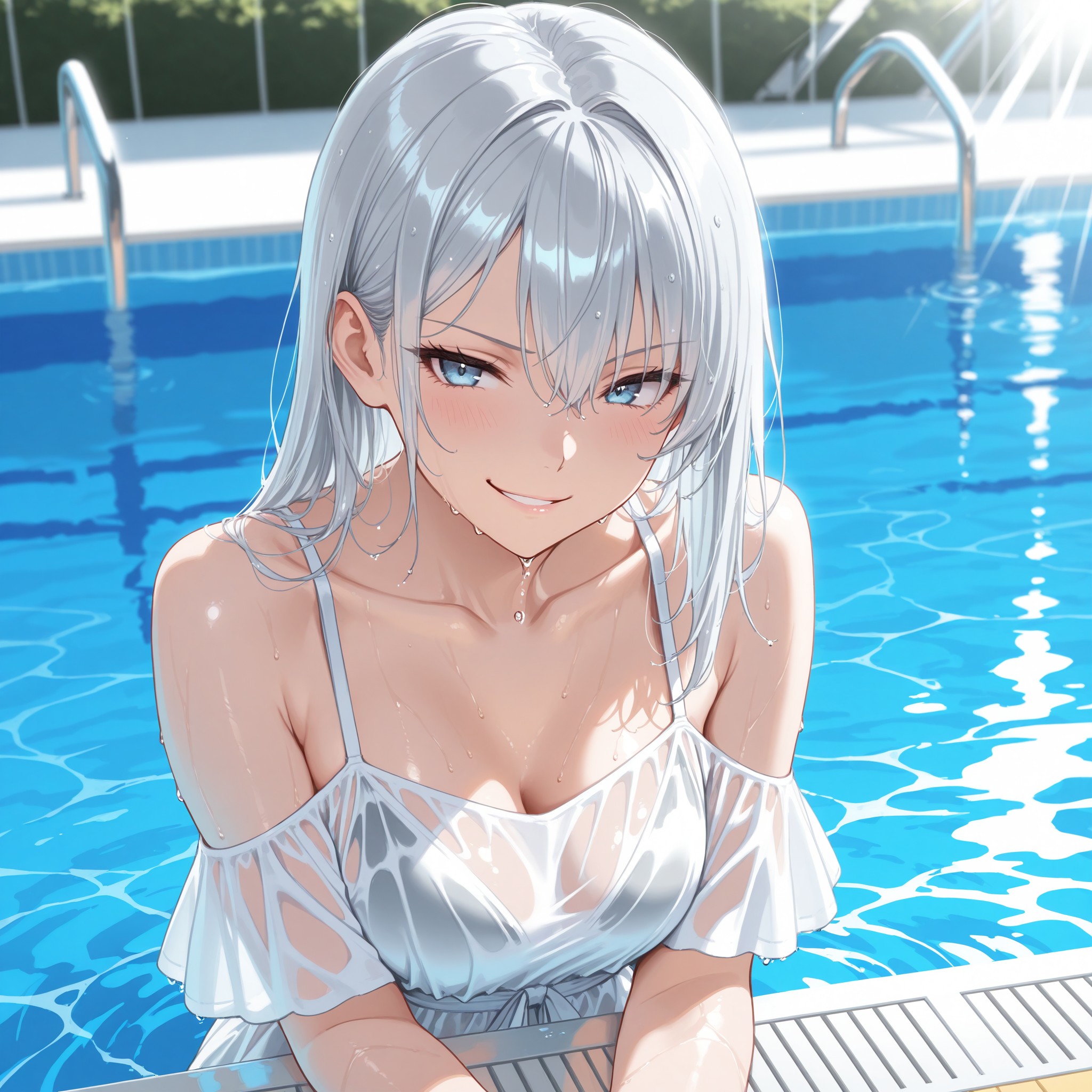 プールサイドで濡れた白いサマードレスをまとい、流し目を向ける銀髪美少女のイラスト。「dripping water」「wet hair」で滴る水の質感を表現し、「sidelong glance」「smirk」で余裕のある大人びた色気を演出。「water surface reflections」「sunlight caustics」で夏のプール特有の輝く光を再現し、華やかで印象的な一枚に仕上がる。