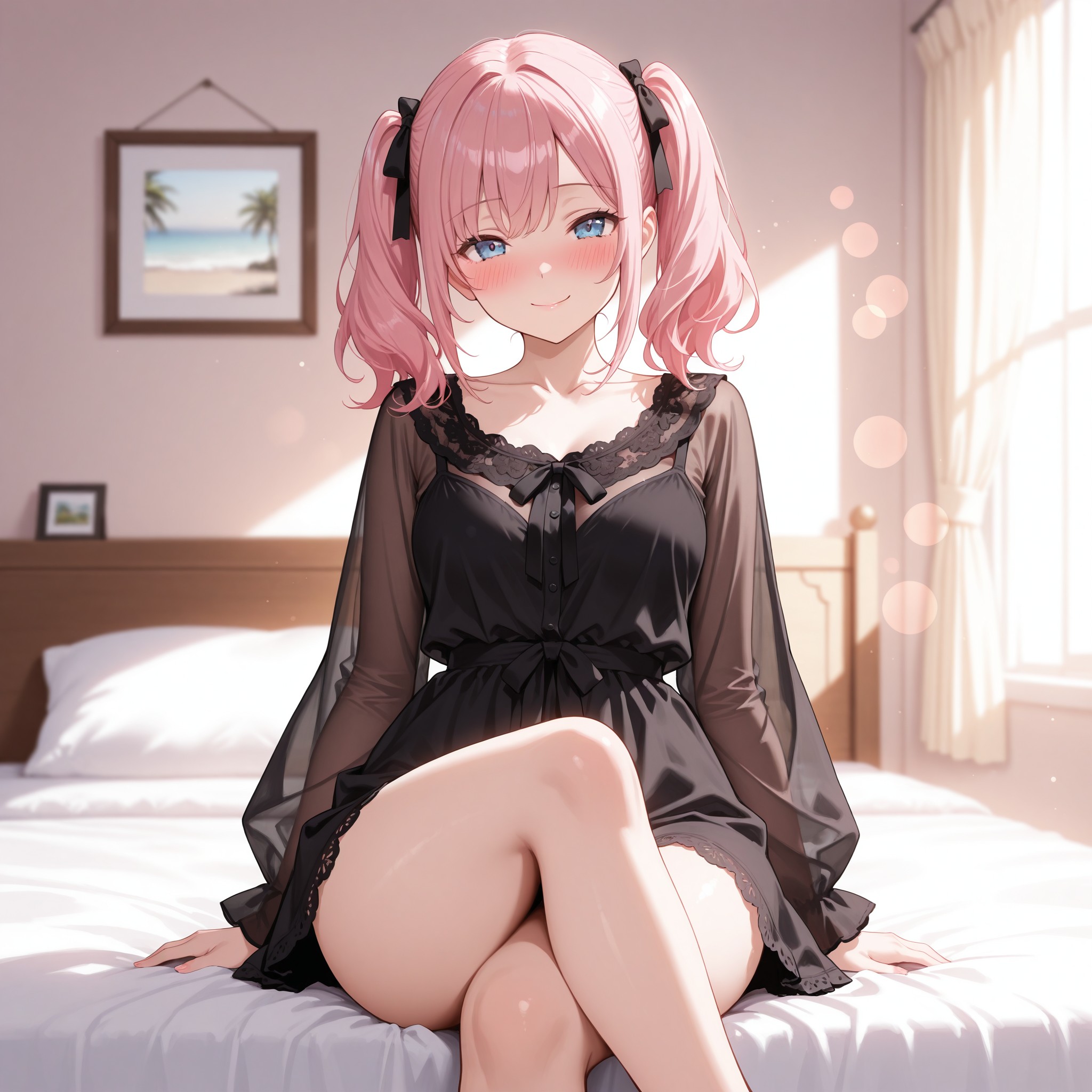 朝の光の中で黒いレーストリムのシースルーブラウスをまとったピンク髪ツインテール美少女が、恥じらいながら視線を向けるイラスト。「sheer black blouse」「see-through」「lace trim」タグで透け感を演出し、「crossed legs」「thighs」で品のあるセクシーポーズを表現。「morning light」「bokeh」で柔らかく夢見るような朝の雰囲気を醸し出す。