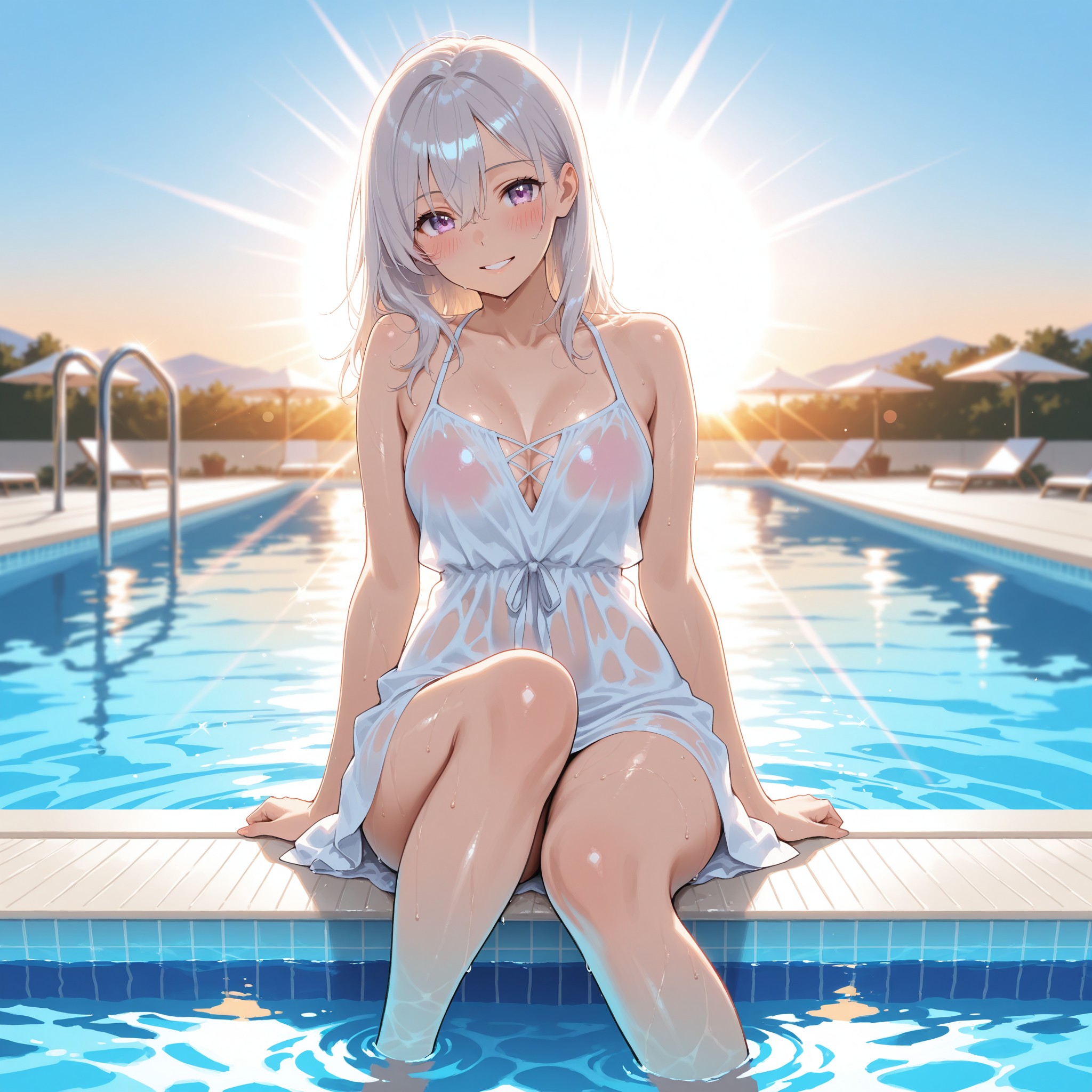 プールサイドに腰掛け、水に足を浸す銀髪の少女。白いサンドレスが水しぶきで濡れ、シアー素材のように肌が透ける。真夏の陽光がレンズフレアとともに降り注ぎ、健康的でみずみずしいセクシーさを表現。