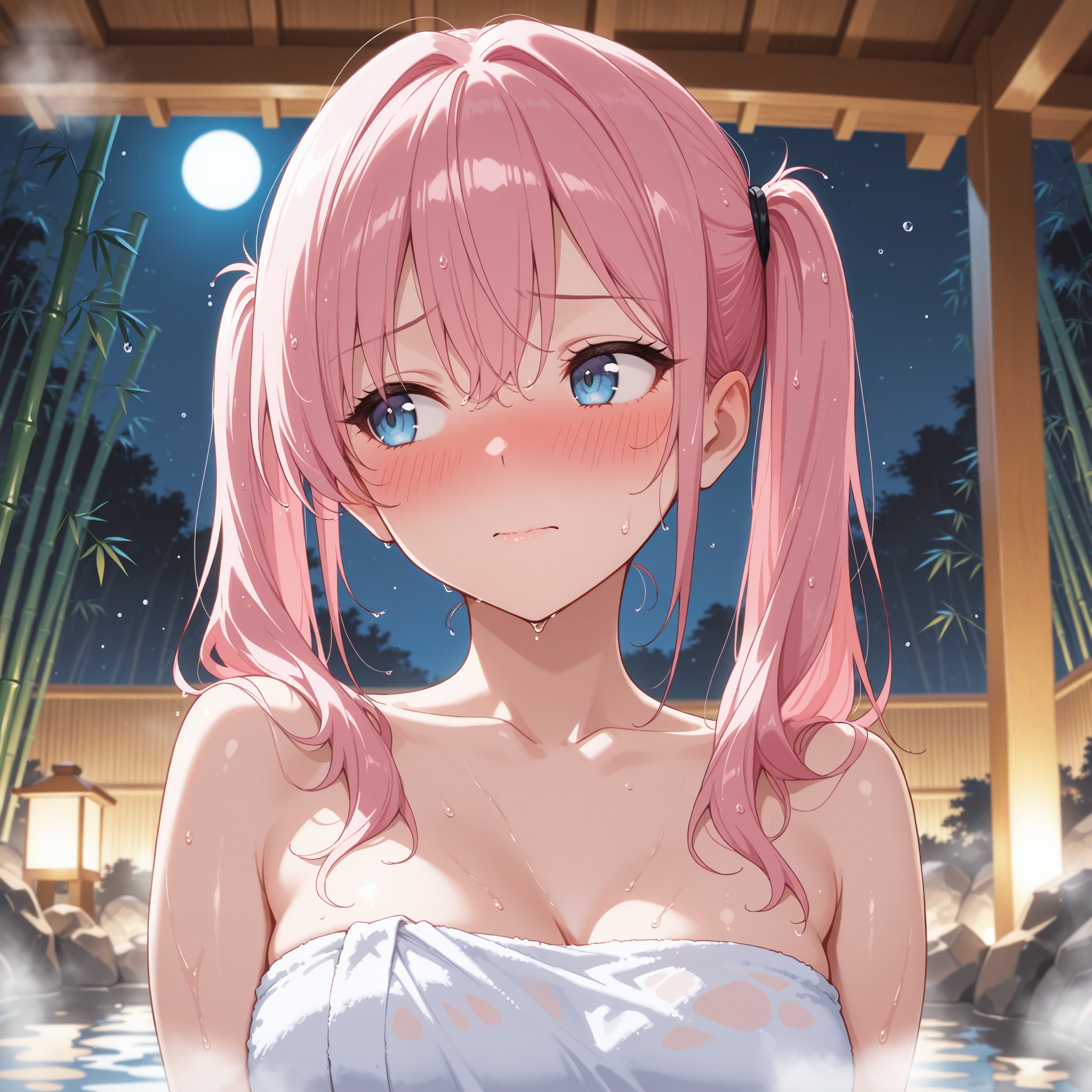 月明かりの露天風呂でタオルを胸元に当てるピンクツインテールの少女。立ち上る湯気が全体にソフトフォーカスのような透け感を与え、濡れた髪が肌に張り付く。恥じらいの表情と視線を逸らす仕草が、奥ゆかしい色気を生み出す。