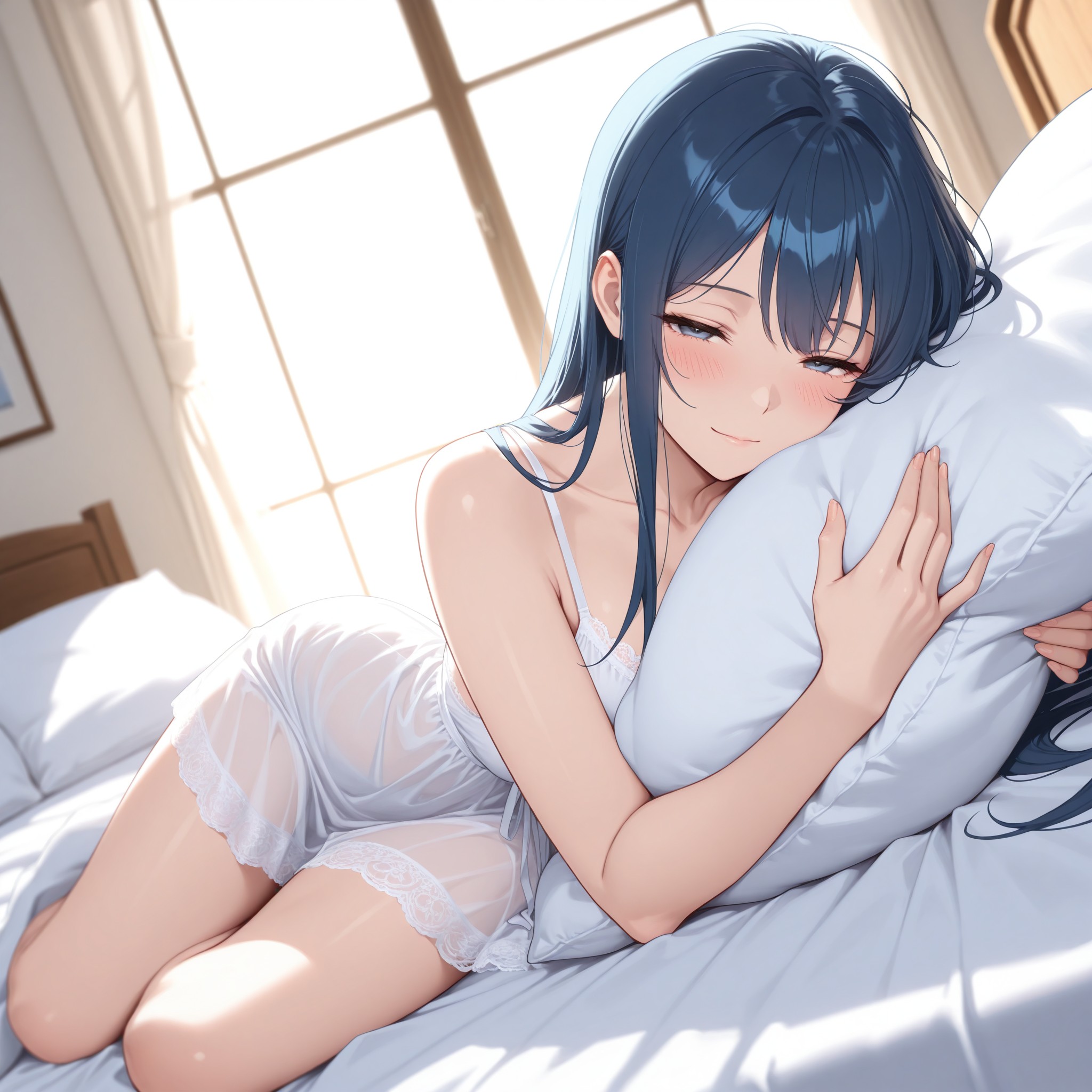 朝の光が差し込むベッドルームで、シアーなレースのネグリジェを纏う青髪ロングの少女。逆光が薄い生地を透かし、ボディラインをシルエットのように浮かび上がらせる。まどろみの表情と柔らかな微笑みが、朝の無防備な色気を演出。