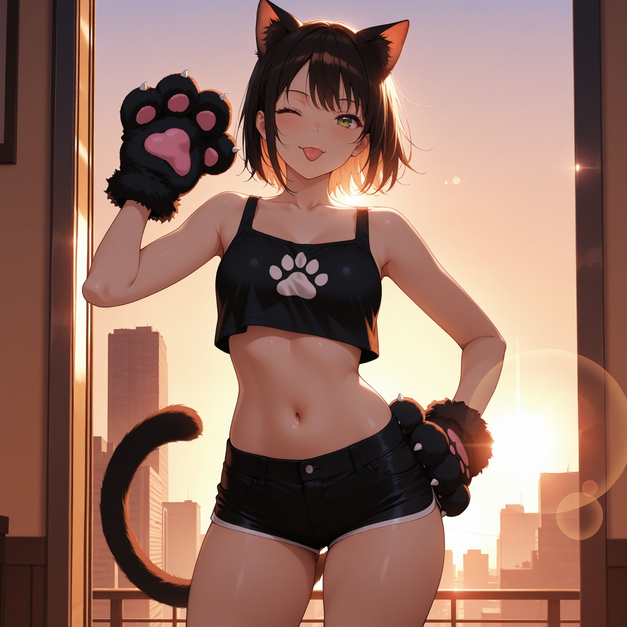 肉球グローブ×カジュアルスポーティの組み合わせ。ヘソ出しクロップトップにショートパンツという大胆コーデに、もふもふの肉球グローブを合わせたギャップ萌え構成。ウインク＋舌出しのいたずらっぽい表情と夕暮れの逆光が映える