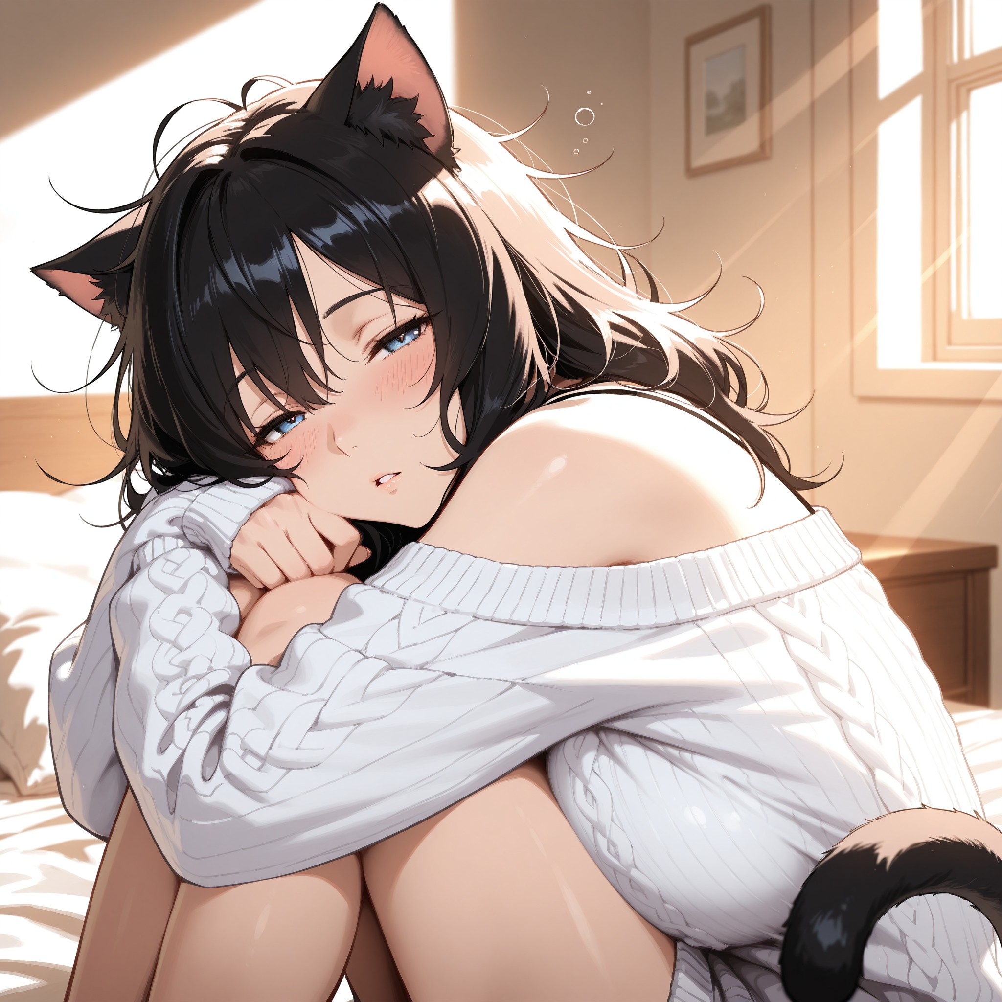 猫しっぽ×だぼだぼニットの組み合わせ。オーバーサイズの白ニットからこぼれる肩と生脚が絶妙なセクシーさを生む。ベッドの上で体育座りしながら半目で見つめる寝起き顔と、朝の柔らかい光が包む甘い雰囲気の一枚