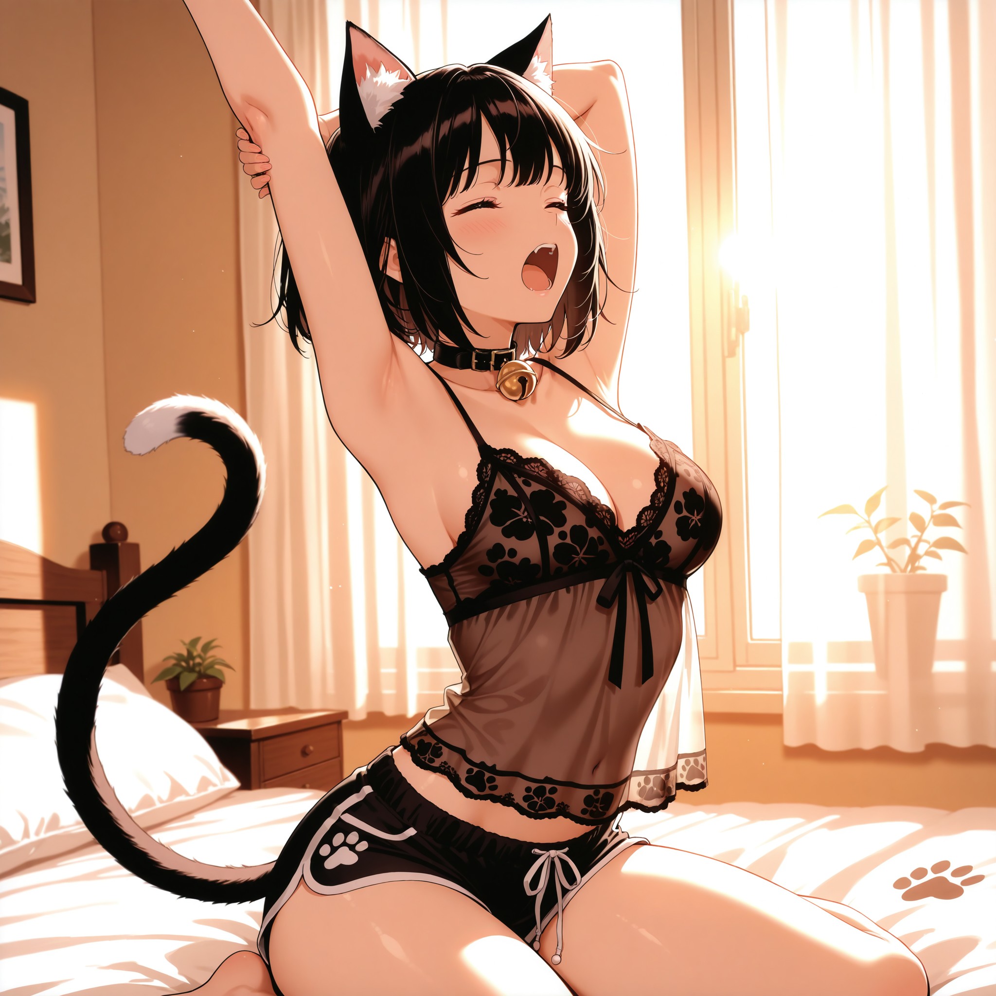 フル猫モチーフ×レースキャミソールの組み合わせ。猫耳・しっぽ・鈴チョーカー・肉球柄をフル装備した最強猫コーデ。朝の逆光で透けるレースキャミと、背伸びポーズで見える鎖骨・脇ラインが色っぽい。あくびする無防備な表情が究極のギャップ萌えを演出