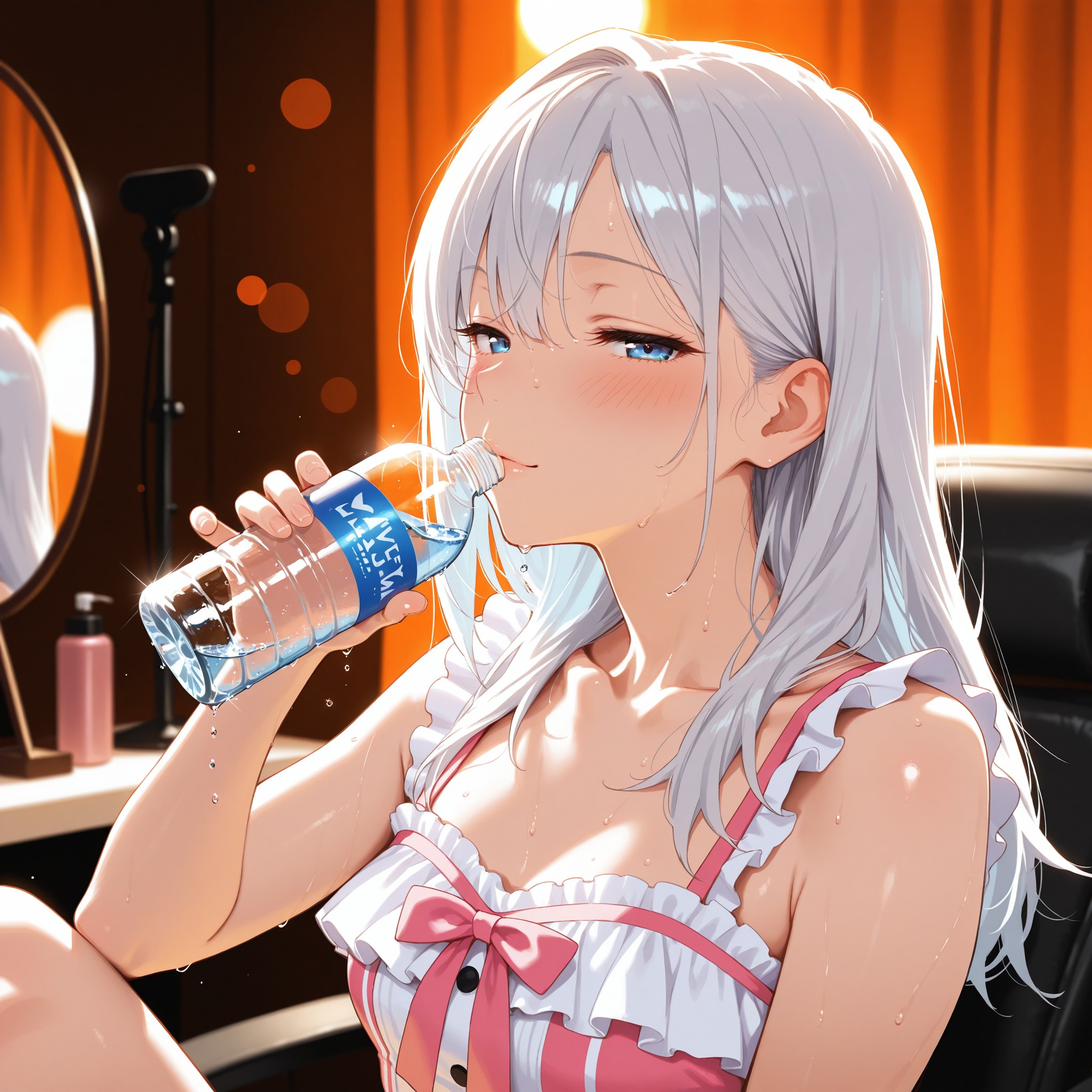 【場面2：水を飲む無防備な瞬間】椅子に座り直し、ペットボトルの水を飲むルナ。水が顎を伝い、鎖骨を流れ落ちる。衣装の背中のジッパーを少し下ろして涼を取っており、半開きの目で艶っぽく微笑む。ステージの高揚感がまだ体に残っていて、頬は赤く上気したまま。アイドルの「オフの表情」がこぼれ落ちる、ドキッとする一瞬。