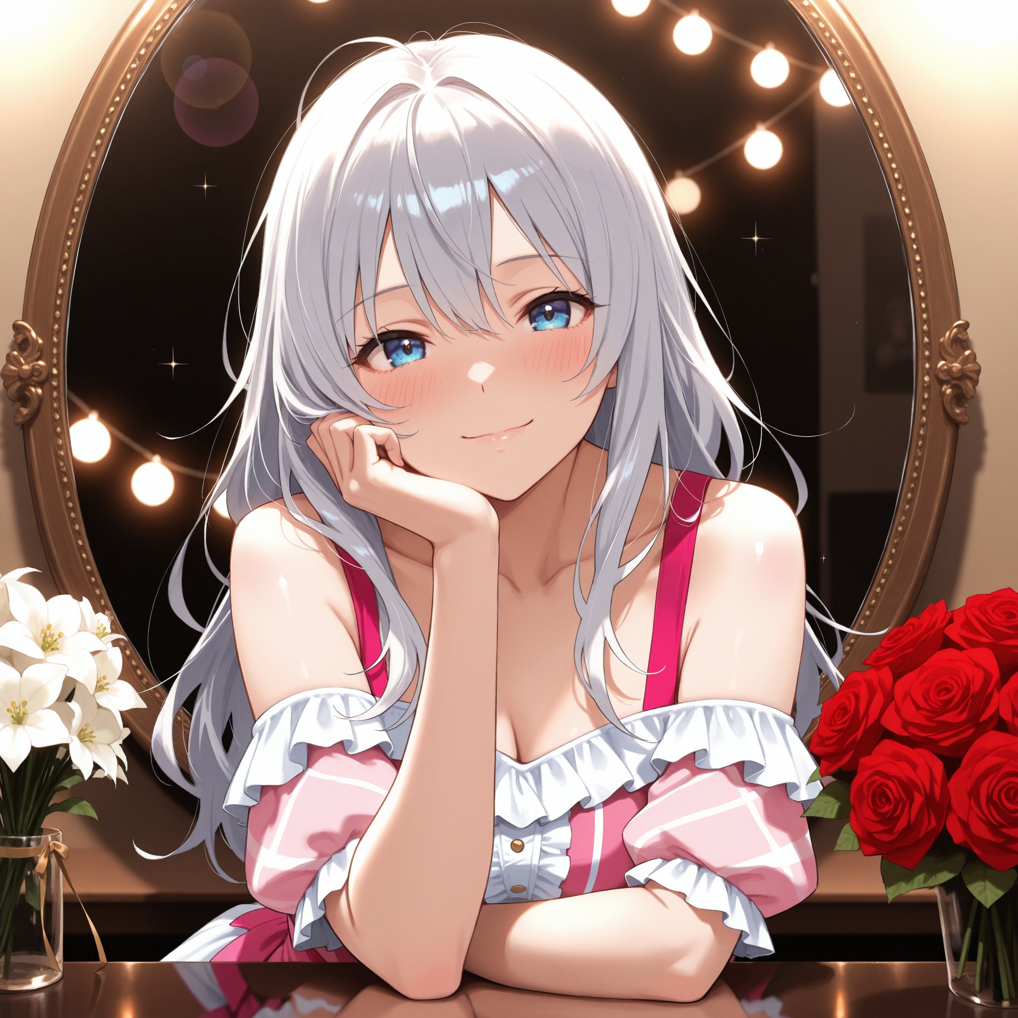 【場面3：鏡越しの秘密の笑顔】化粧台の前で頬杖をつき、鏡越しにこちらを見つめるルナ。ステージの火照りが少し引き、穏やかだけど色気を帯びた微笑みを浮かべている。テーブルにはファンからの花束が置かれ、背景にはイルミネーションの柔らかな光。衣装はまだ着崩れたまま、肩が覗いている。「今日のライブ、あなたも見ていてくれた？」——そんな言葉が聞こえてきそうな、親密で甘い空気感のラストシーン。