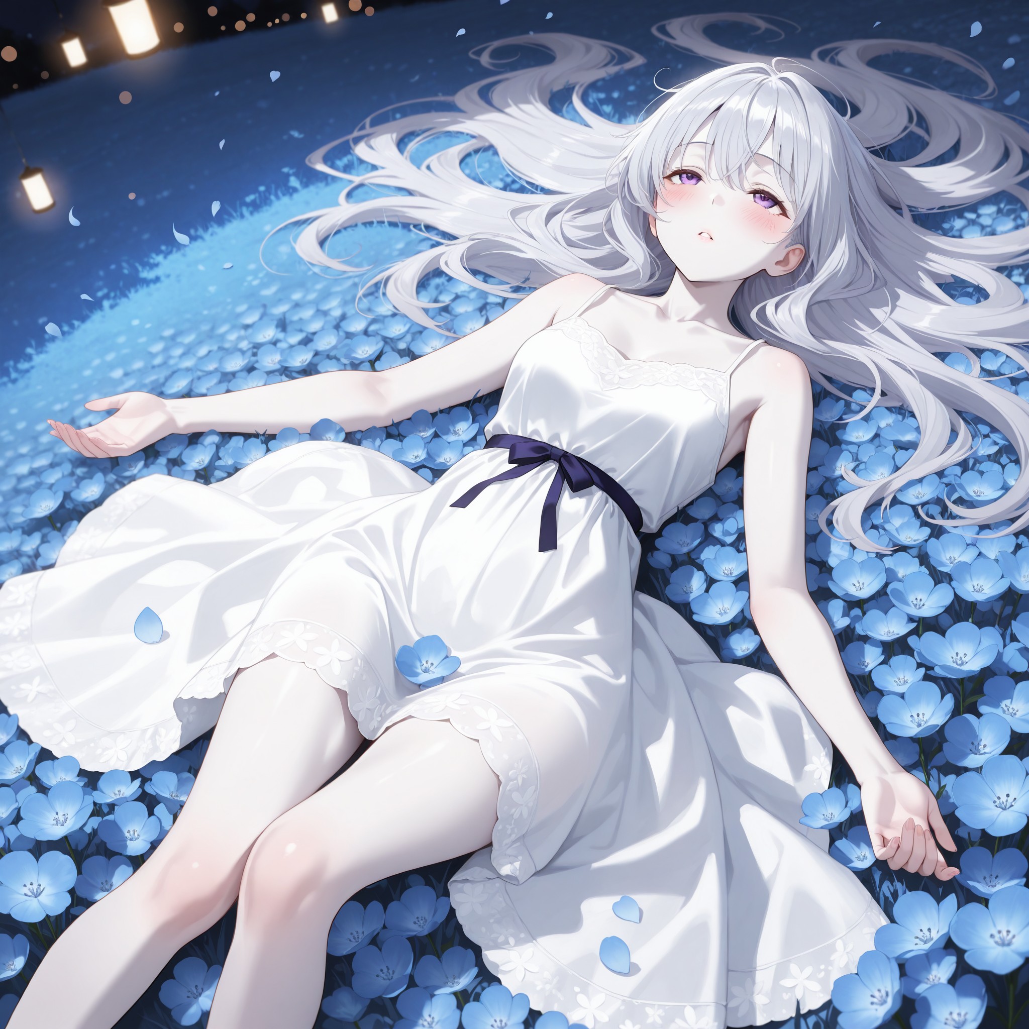 青い花の海に身を委ねるように横たわる璃奈のシーン。薄いドレスがネモフィラの花々の中に広がり、白い肌と青のコントラストが息をのむほど美しい。うっすら赤らんだ頬と半開きの唇が、春の微睡みに落ちていく恍惚の瞬間を切り取っている。