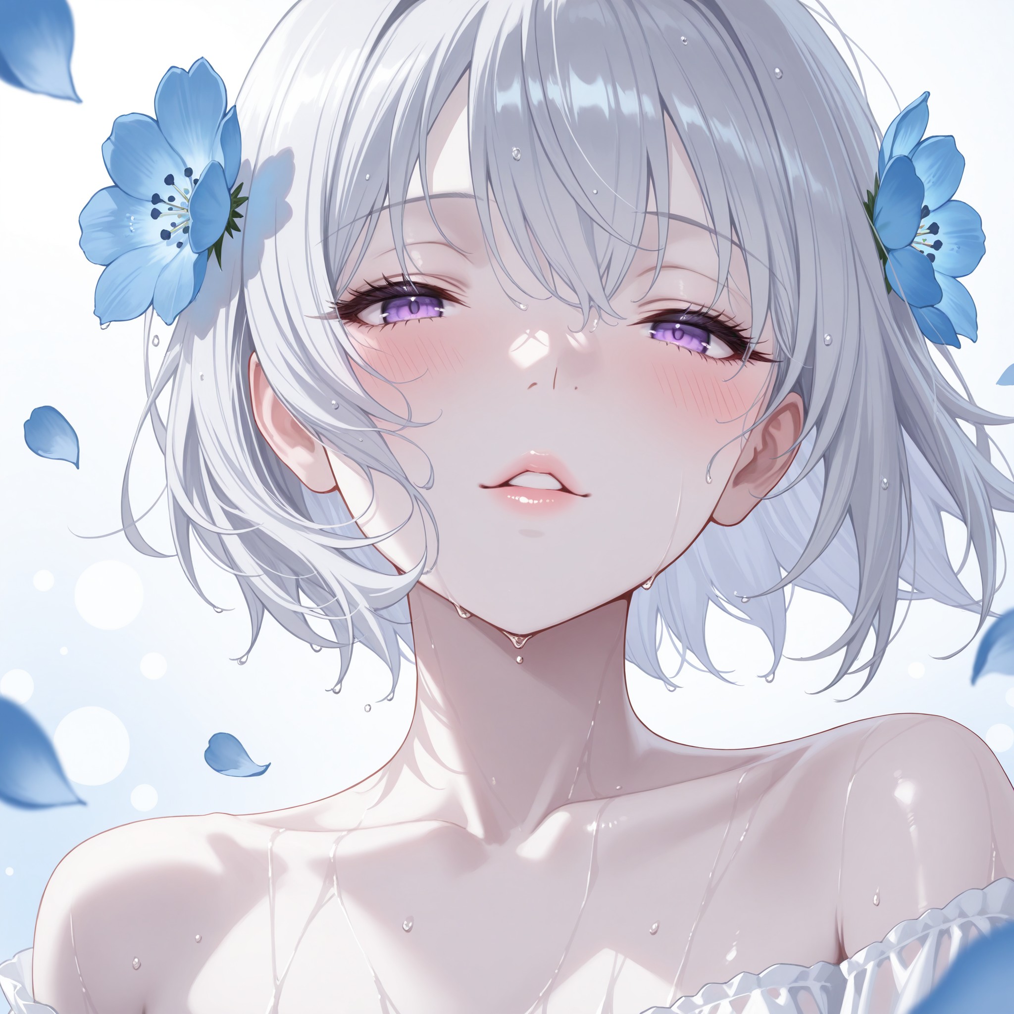 璃奈のクローズアップポートレート。半ば閉じた紫の瞳がこちらをとらえ、うっすらと赤らんだ頬と半開きの唇が、夢と現実の狭間を漂う神秘的な色気を醸し出す。髪に散らばった青いネモフィラの花びらが、彼女の銀髪と溶け合い、微睡みの女神としての美しさを際立たせるラストシーン。