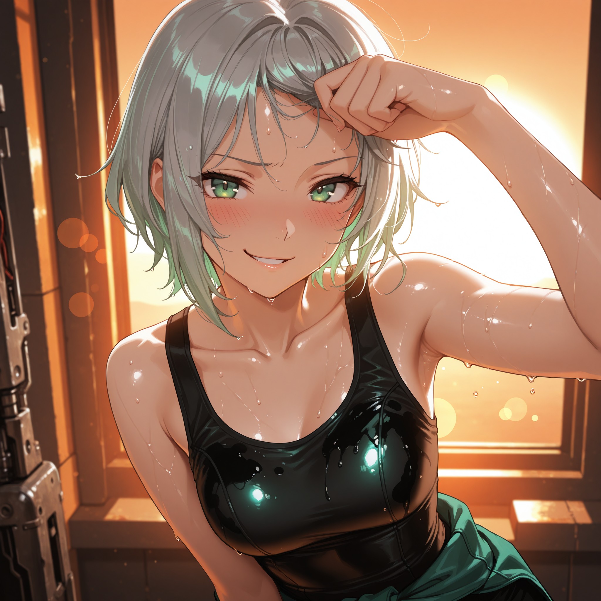 【シーン2：挑発的な微笑み】作業の手を止め、額の汗を腕で拭う仕草。逆光の夕陽がシルバーの髪を琥珀色に染め、汗ばんだ肌がオレンジの光を反射してしっとりと輝く。こちらを見上げるように視線を向け、「見てたの？」と言わんばかりの不敵な笑み。油で汚れた素肌の艶めかしさと、自信に満ちた表情のギャップが色っぽい一枚。