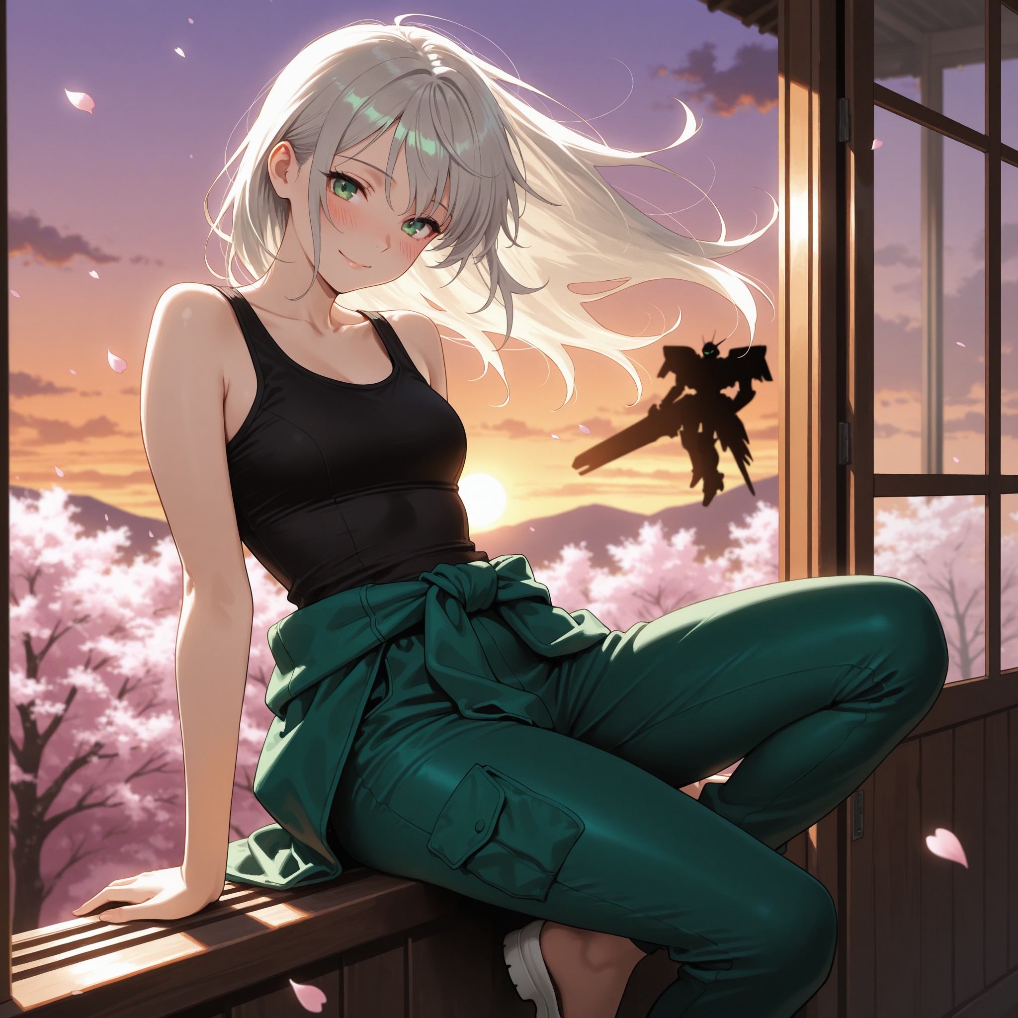 【シーン3：穏やかな夕暮れ】作業を終え、愛機の翼の上に腰掛けて足をぶらぶらさせるレイナ。格納庫の大扉の向こうには茜色から紫へ移りゆく春の空が広がり、風に舞う桜の花びらが機械油の匂いに混じる。戦いの緊張感から解放された柔らかな微笑みを浮かべ、こちらに視線を向ける。無骨なメカのシルエットを背景に、少女の穏やかな横顔と太もものラインが春風にさらされる──物語の余韻を感じさせるラストカット。