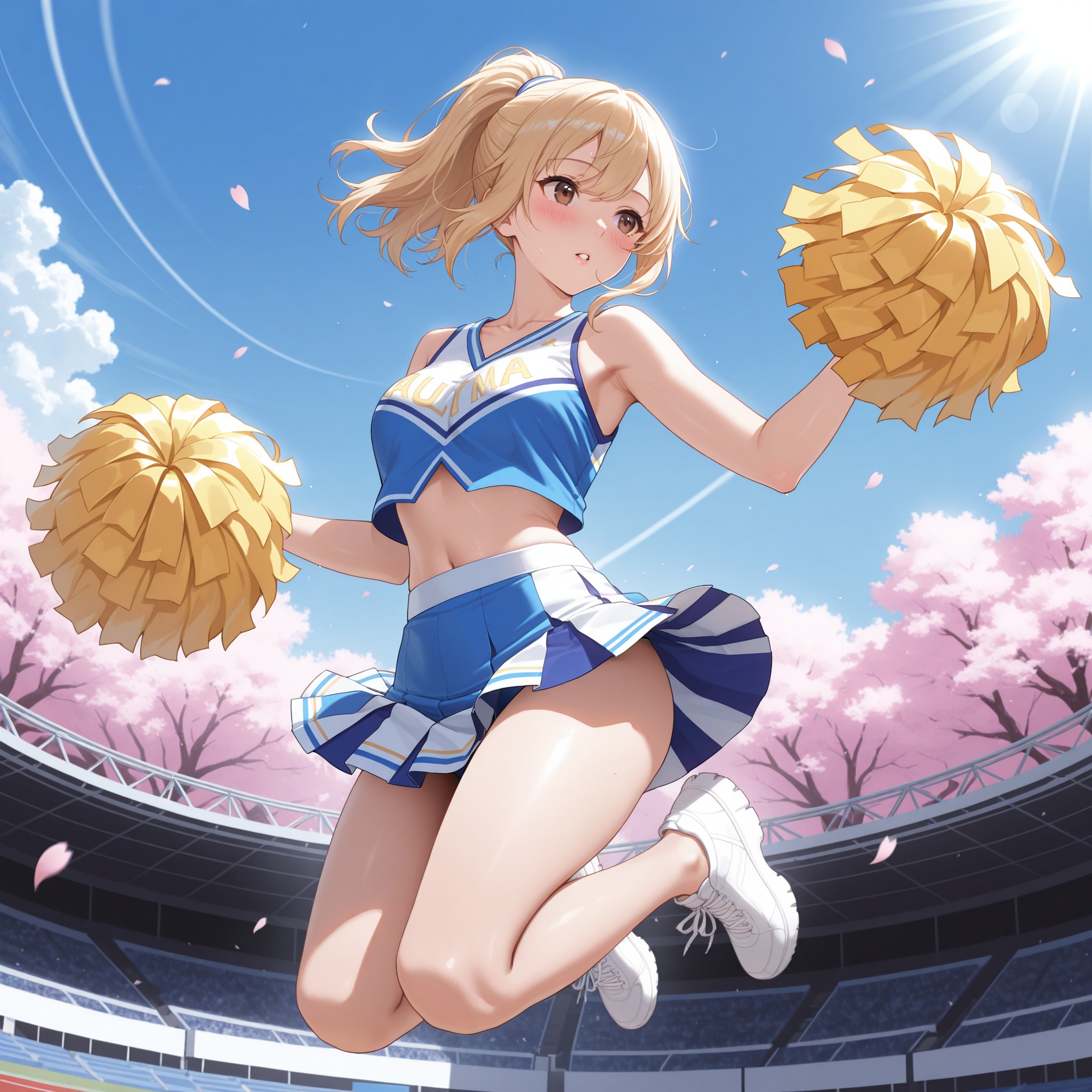 【scene 2: 全力パフォーマンスの瞬間】試合開始直前、球場のグラウンドで魂を込めたダンスを披露する場面。激しいスピンでスカートが大きく翻り、春風を切るようなダイナミックなシルエット。青空と舞い散る桜をバックに、弾けるような笑顔と上気した表情がスタジアム全体を熱狂へと引き込む。