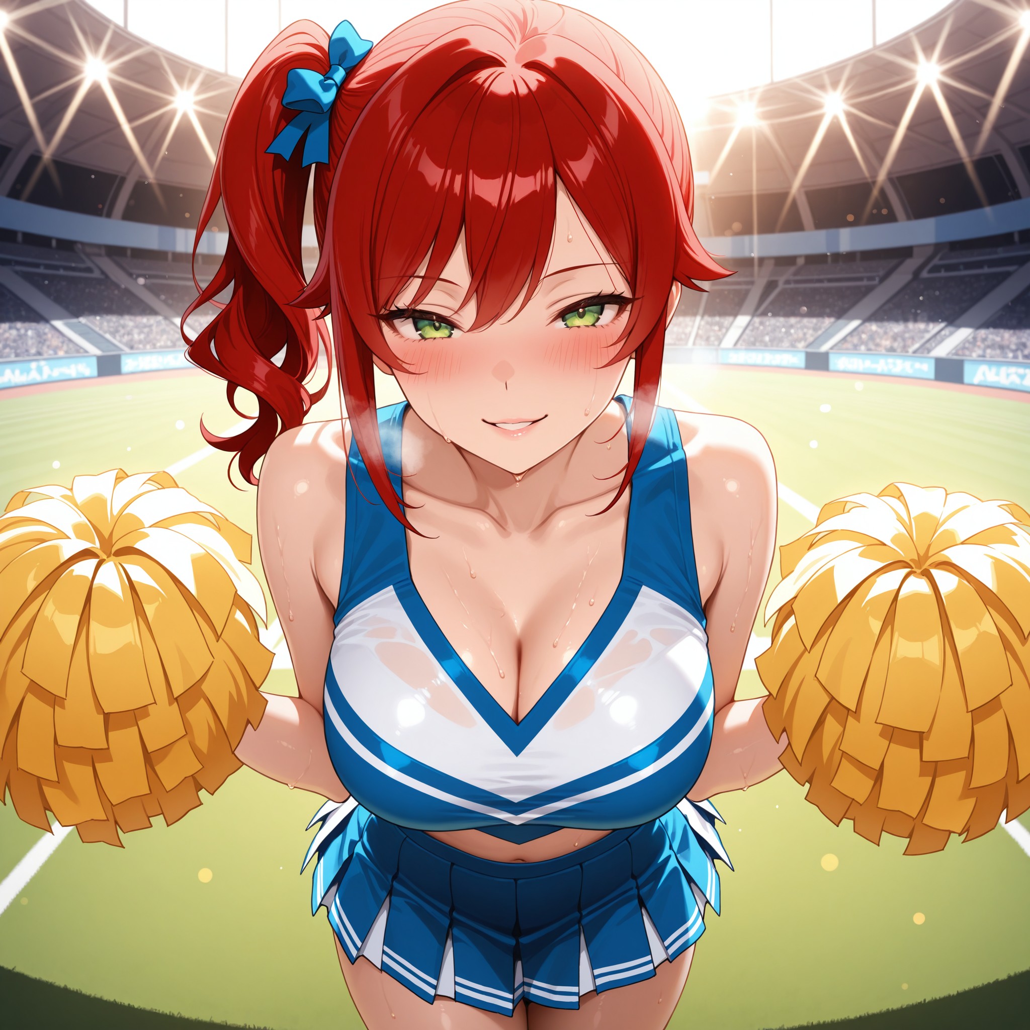 【scene 3: 熱狂の余韻】チームの逆転勝利を見届けたパフォーマンス後、息を切らしながらもこぼれ落ちる達成感の笑顔。上気して赤く染まった頬と、額に薄く滲む汗が全力を出し切った証。春の午後の柔らかな黄金色の光の中、観客席を見つめる瞳には熱い興奮と満足感が溢れている。