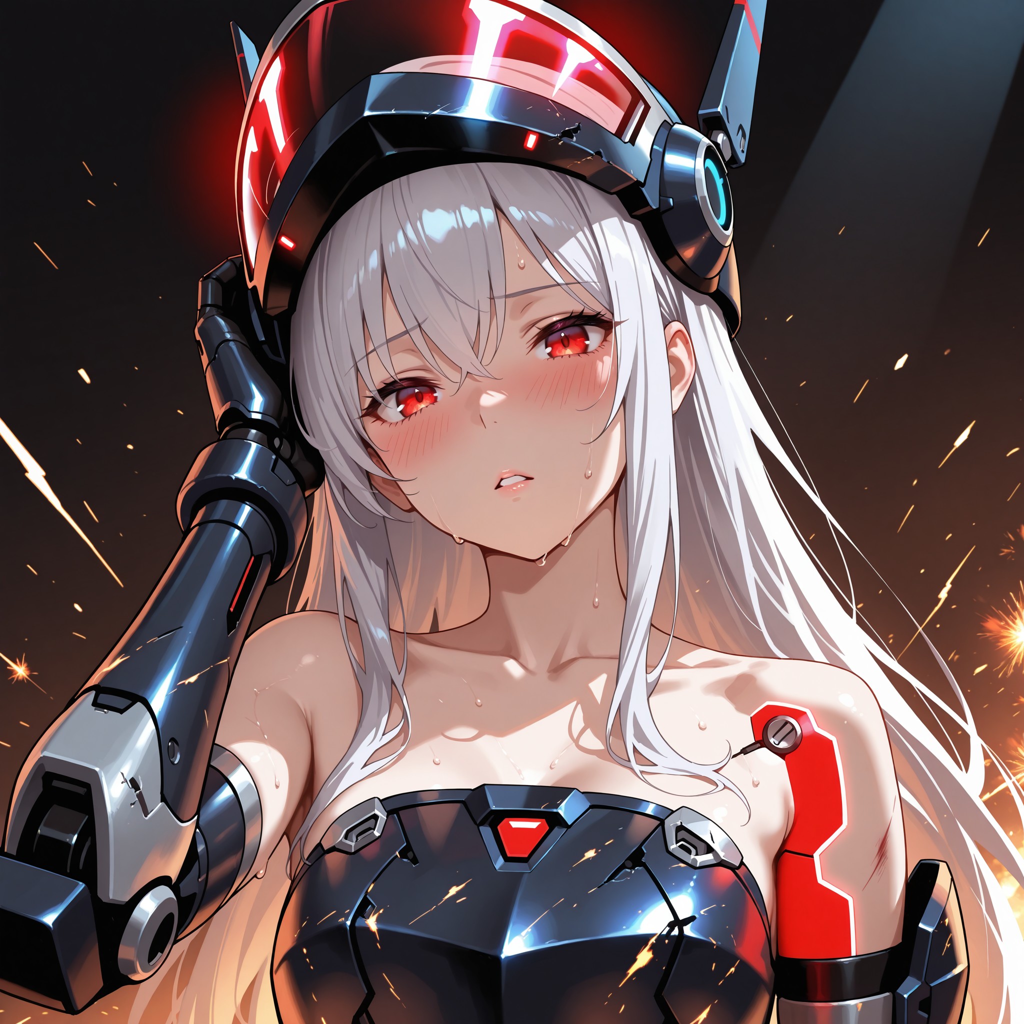 第二場面：激戦を終えたアルナがゆっくりとヘルメットを外す。はずれた瞬間、乱れた銀髪がこぼれ落ち、汗ばんだ素肌が露わになる。疲れながらも正面を見つめるその瞳に、戦士としての誇りと、一人の少女としての素顔が重なる。