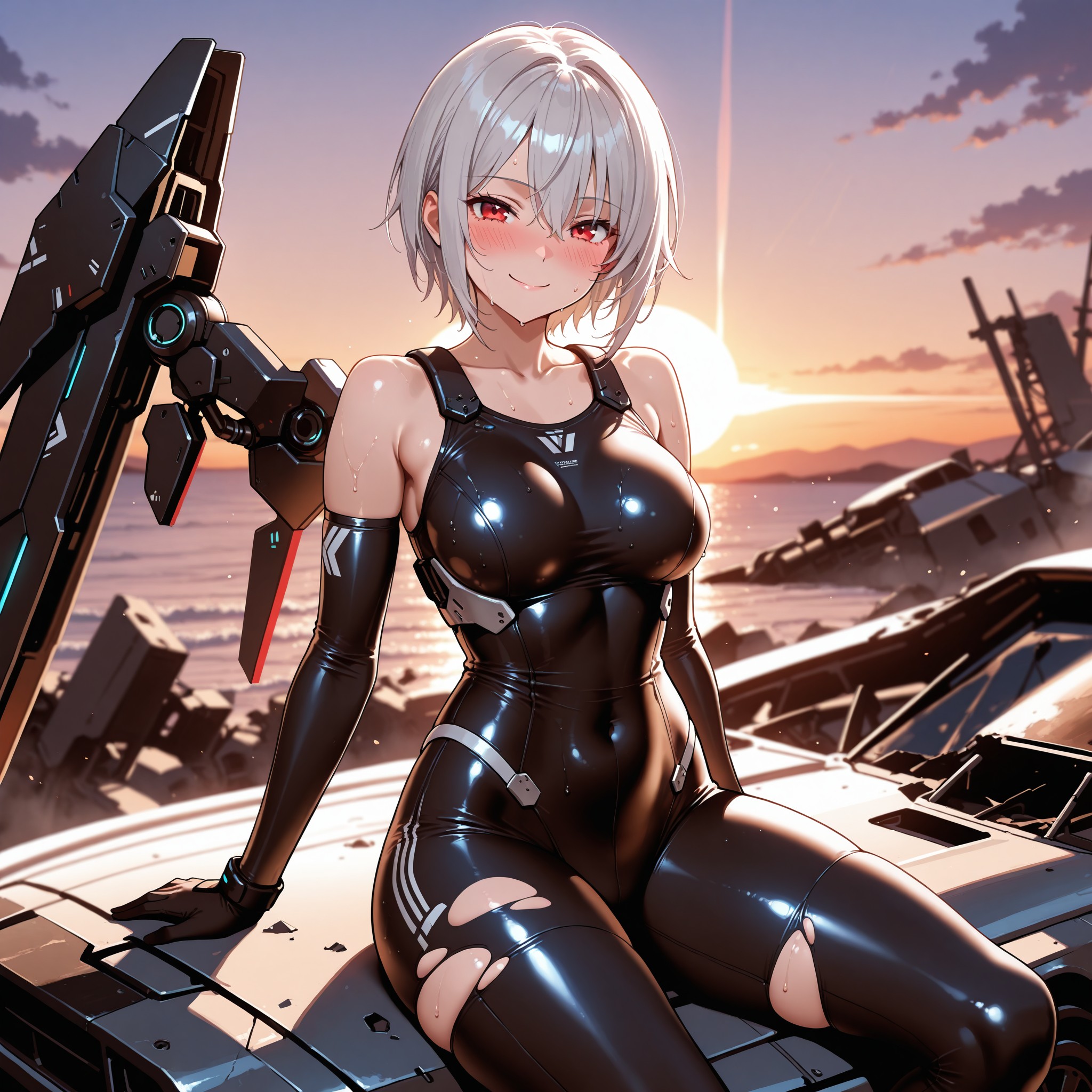 第三場面：夕焼けに染まる廃墟の上に腰を下ろすアルナ。砕けたメカウィングを背に、彼女は静かに微笑む。ボロボロになった装甲の隙間から夕陽に照らされる鎖骨と太もも、そして充足に満ちた表情が、激戦の余韻と勝利の誇りを静かに物語っている。