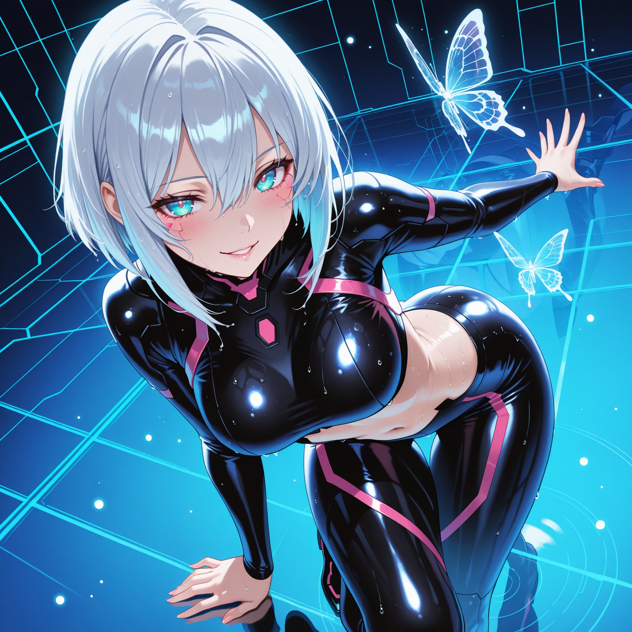 【場面2：邂逅】会場の目玉展示――全高10メートルの巨大メカフィギュアの前に降り立ったリーシェ。振り返りざまに視線を投げかける表情は、挑発的でありながらどこか無邪気。タイトなボディスーツの発光ラインが太ももからウエストにかけて走り、デジタル蝶が彼女の周囲を舞う。巨大フィギュアの光沢あるボディに彼女の姿が映り込み、現実と仮想の境界が曖昧になっていく。「このコ、わたしより背が高いなんて……ちょっと悔しい」と微笑む彼女の頬がほんのり紅潮している。