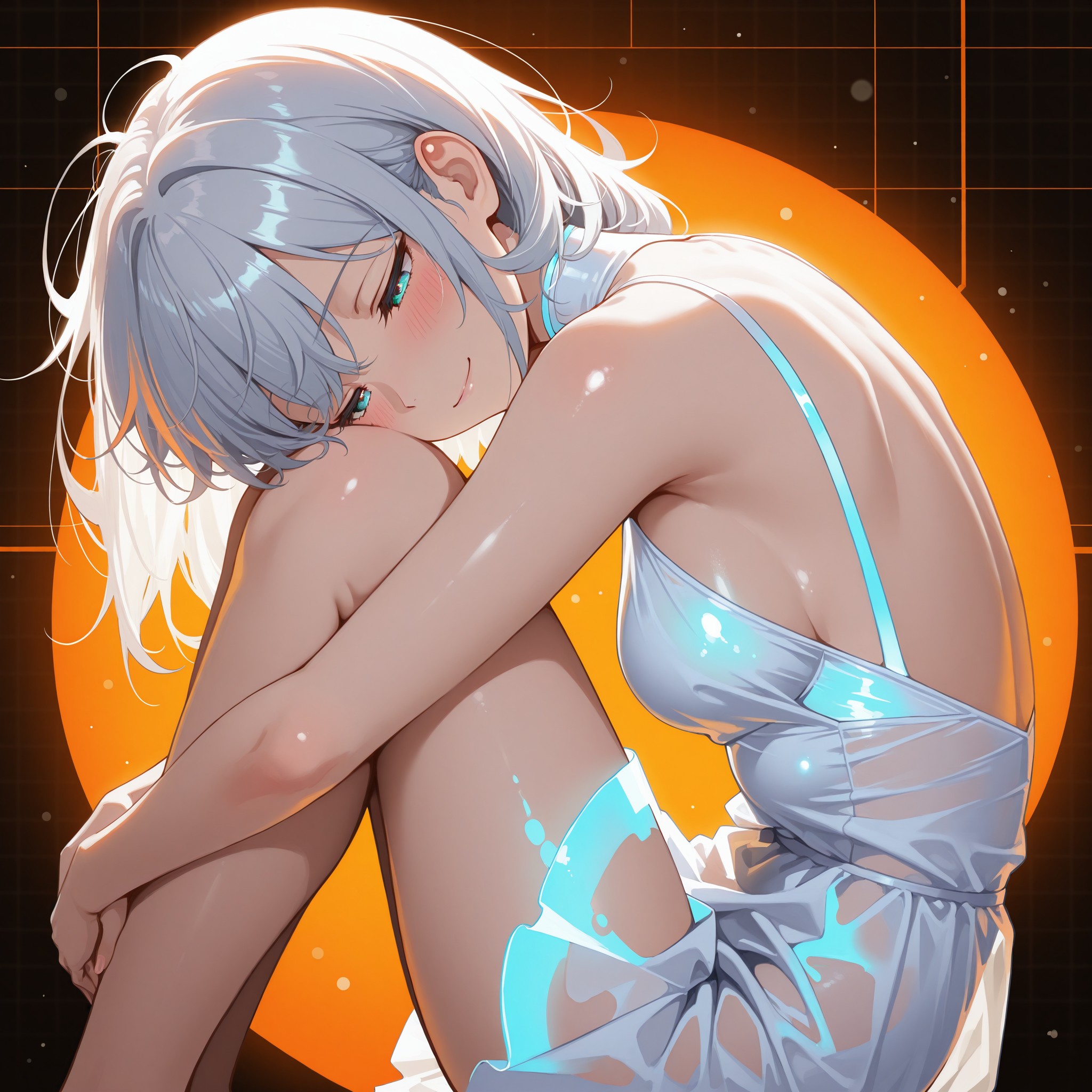 【場面3：余韻】フェスの閉幕時刻が近づき、来場者アバターたちが次々とログアウトしていく。巨大フィギュアのシルエットが遠景に霞む静寂の電脳空間で、リーシェはひとり膝を抱えて浮遊している。シアー素材のドレスが発光しながらゆっくりと揺れ、肩甲骨から背中のラインが透けて見える。データの光粒子が彼女の身体を包み込み、まるで溶けていくように輪郭がぼやけ始める。「また来年、ここで会えるかな――」。半ば閉じた瞳に宿るのは、名残惜しさと、この空間でだけ感じられた自由への愛おしさ。寒色のネオンと暖色のオレンジが交差する光のなかで、デジタル・ヴィーナスは静かに微笑んでいた。