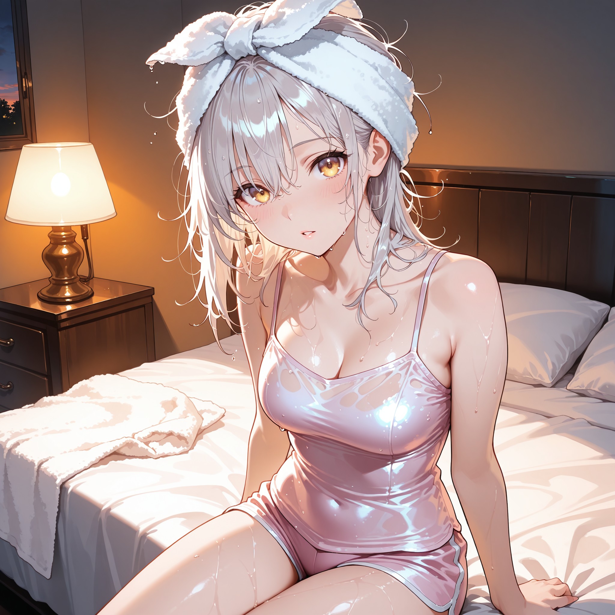 お風呂上がりにベッドに腰掛けるリラックスシーン。濡れ髪とシルク素材のキャミソールの組み合わせで、サテンの光沢感と肌のツヤ感を同時に表現。間接照明の柔らかい光がシルクのドレープを美しく描き出します。