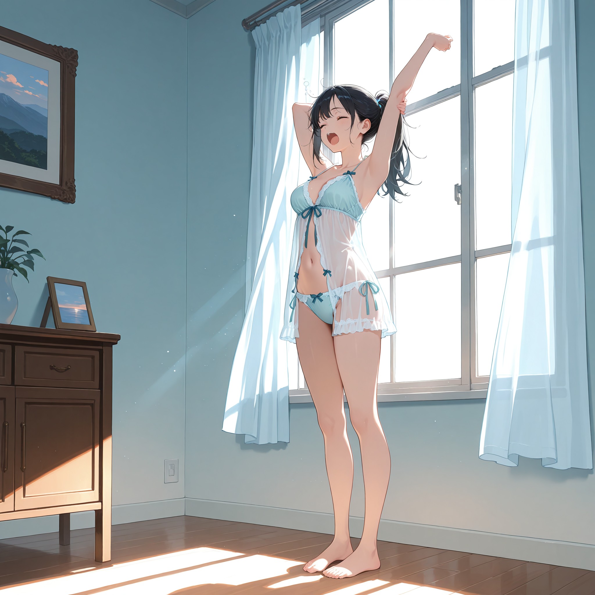 朝の寝起きに窓際で伸びをするベビードール姿。逆光（バックライト）で薄手のシアー素材の透け感を自然に演出。ローアングルからの構図で脚線美とベビードールのふんわりした裾の動きを表現します。寝ぼけた表情が無防備な色気を生み出すポイント。
