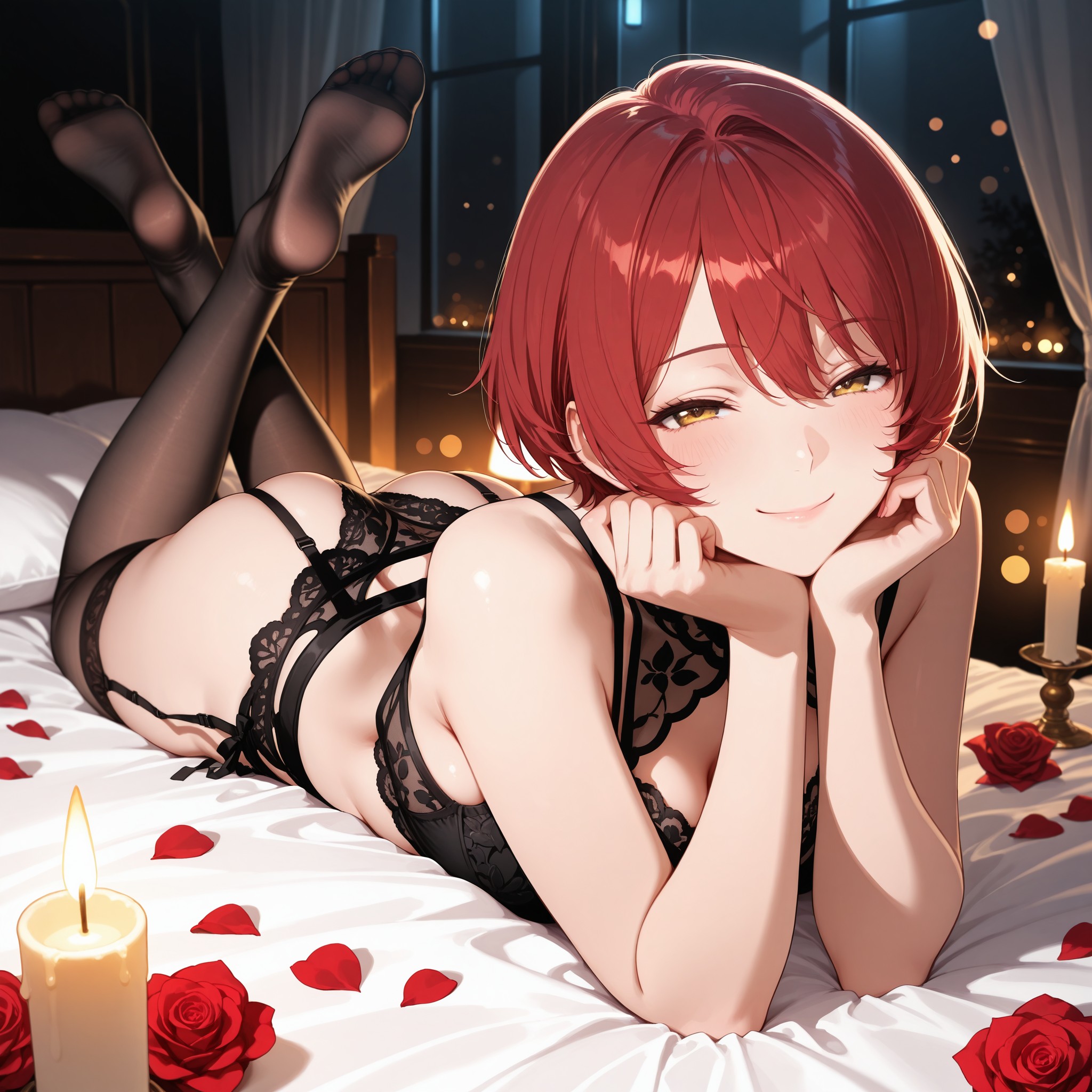 キャンドルライトの中、ベッドにうつ伏せで頬杖をつく大人っぽいシーン。黒レースの下着セットにガーターベルト×ニーハイストッキングという王道の組み合わせ。俯瞰アングルから背中のラインと脚を上げたポーズで奥行きを演出。薔薇の花びらとキャンドルの暖色ボケがロマンティックな雰囲気を作ります。