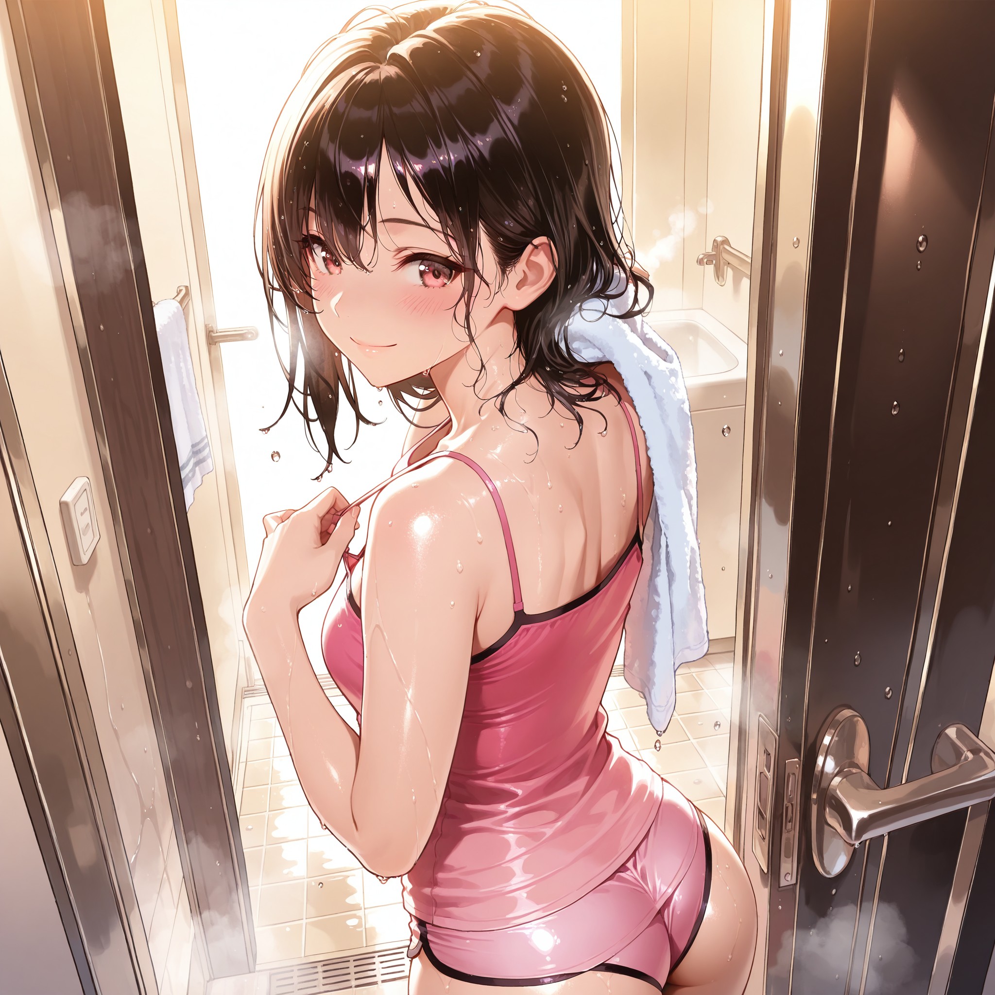 お風呂上がりにピンクのサテンキャミソールを着た振り返りショット。濡れた髪と肌の水滴が色気を演出する「wet hair, water droplets on skin」の活用法を紹介。背後からの逆光で透け感を品よく表現しつつ、肩紐を直す仕草で自然なセクシーさを引き出すテクニック。