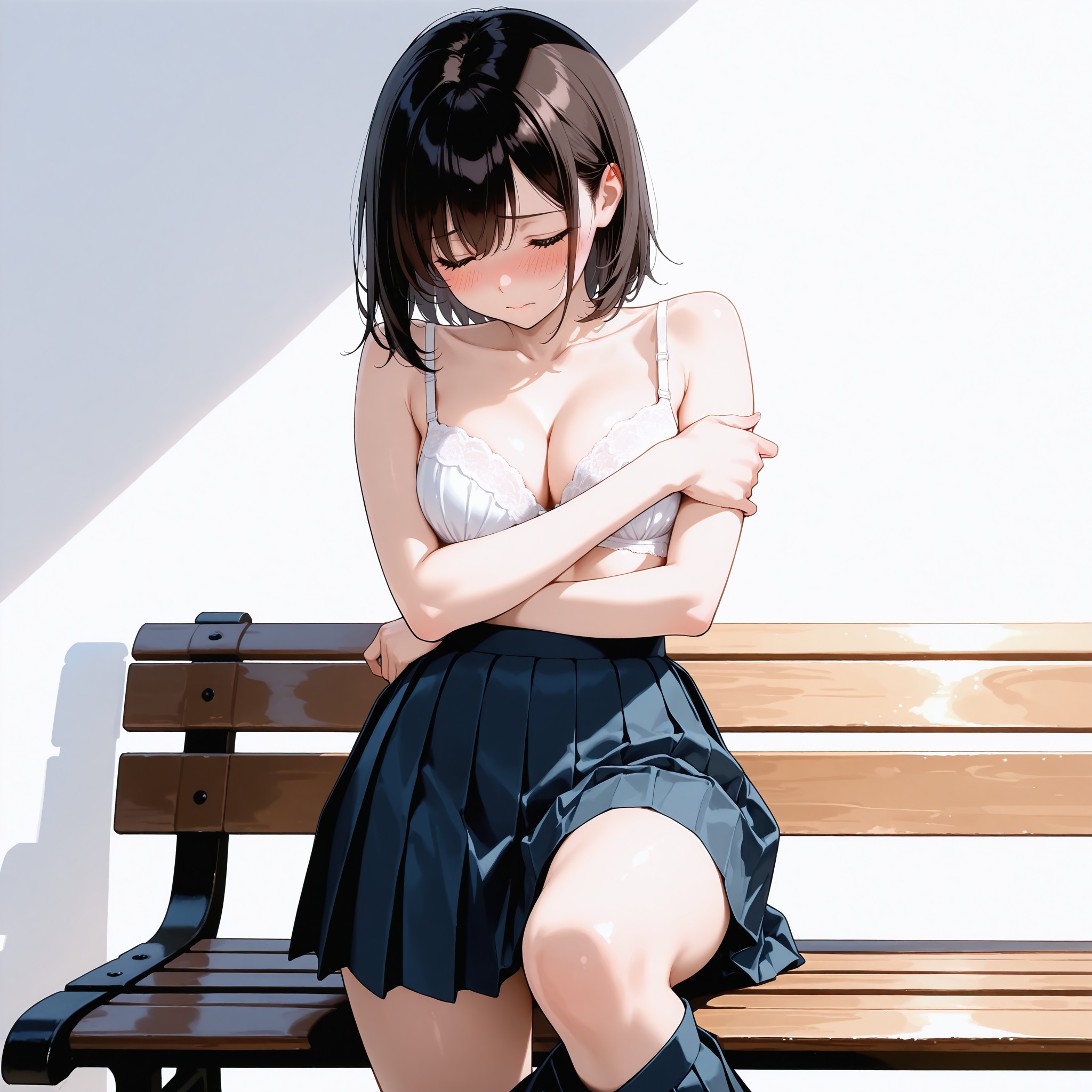 着替え途中の瞬間を捉えたシチュエーション構築例。コットン素材のシンプルなブラを「cotton fabric, simple underwear」で表現。スカートを脱ぎかけた動きのあるポーズと恥じらいの伏し目が物語性を生む。着替えシーンでの衣服の配置や表情タグの組み合わせ方を解説。