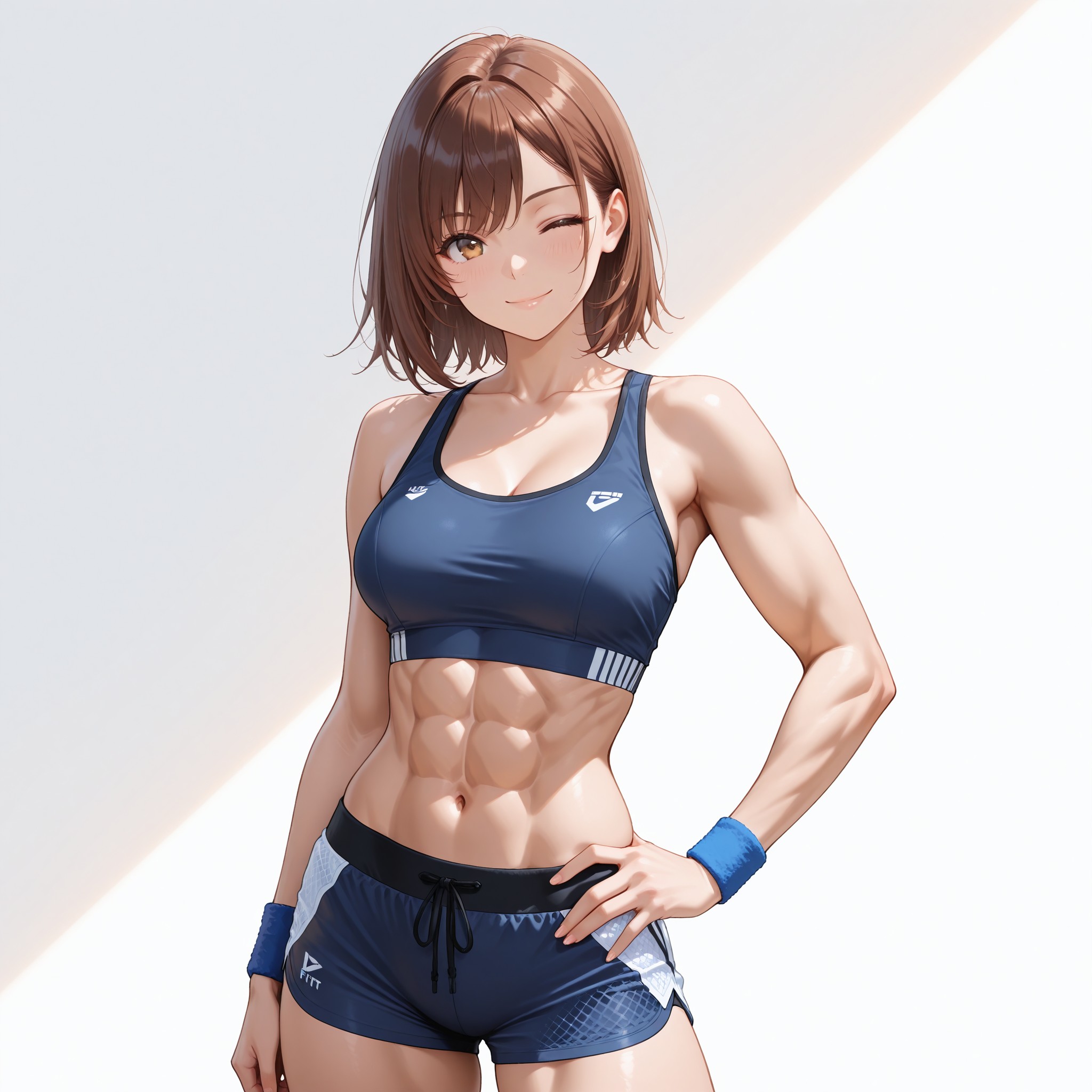 スポーツブラ＆ショーツのアクティブ系下着スタイル。メッシュ素材を「mesh fabric」で表現し、他の下着とは異なるスポーティな質感を描写。鏡の前でウインクする自信に満ちたポーズが、これまでの恥じらい系と対照的。下着の種類によって表情・ポーズを変える演出テクニックを解説。