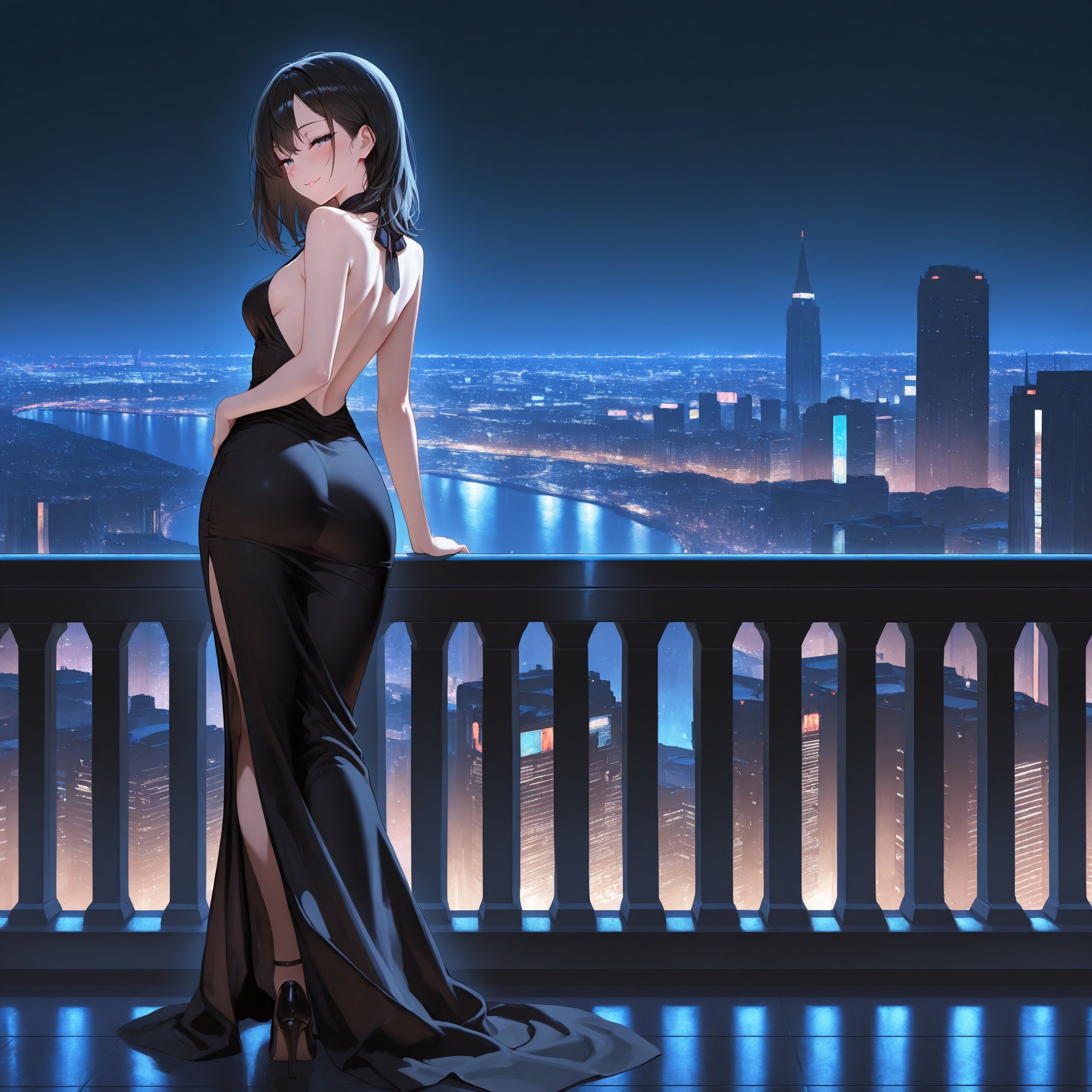 振り返りポーズで背中のラインを魅せる構図。バックレスドレスから覗く背中と、肩越しに流し目を送る表情がミステリアスな色気を生む。夜の都会を背景にした大人の雰囲気。