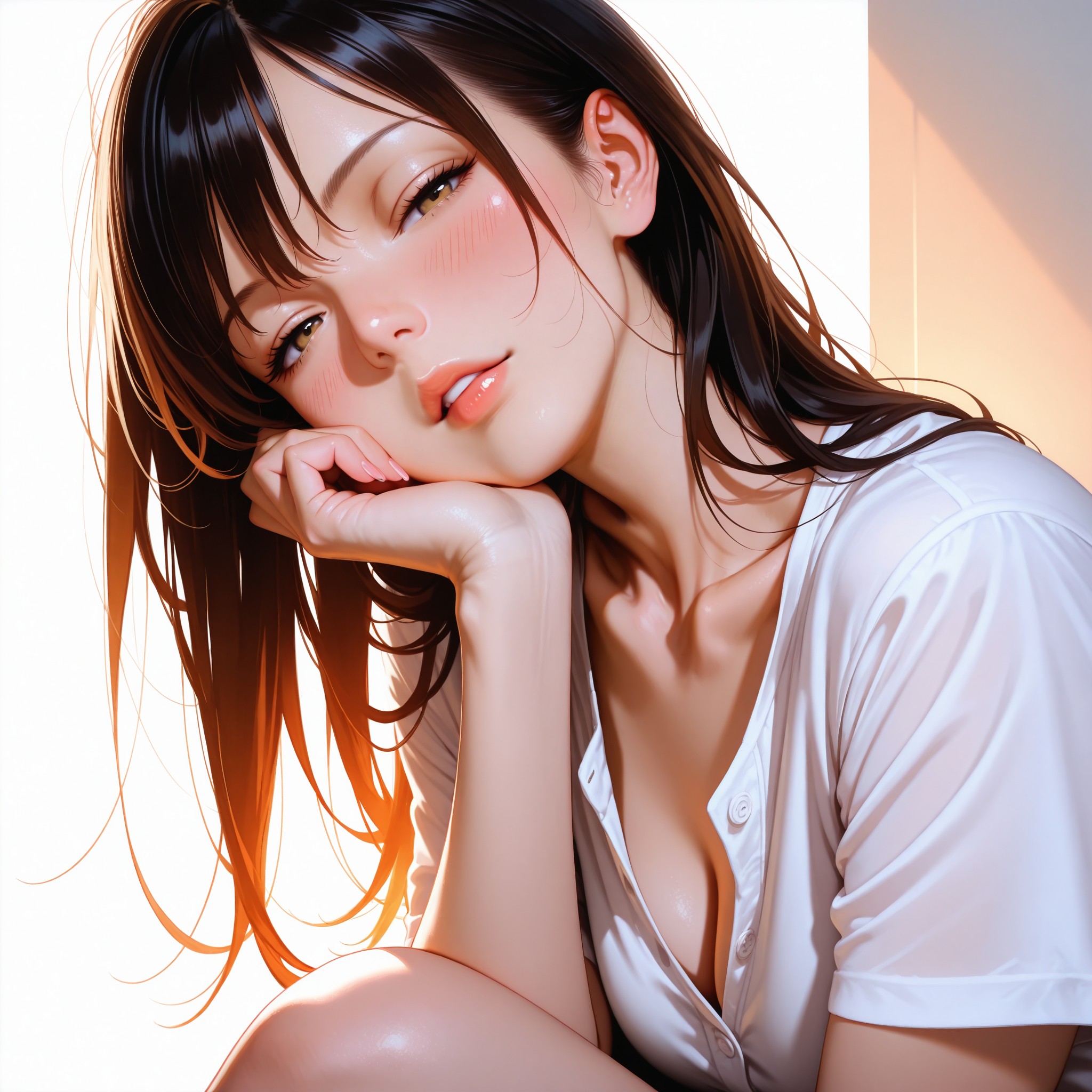 頬杖をつきながら足を組む座りポーズ。少し前かがみの姿勢で鎖骨を自然に強調しつつ、太もものラインも見せる。半目で見つめる表情が余裕のある色気を表現。