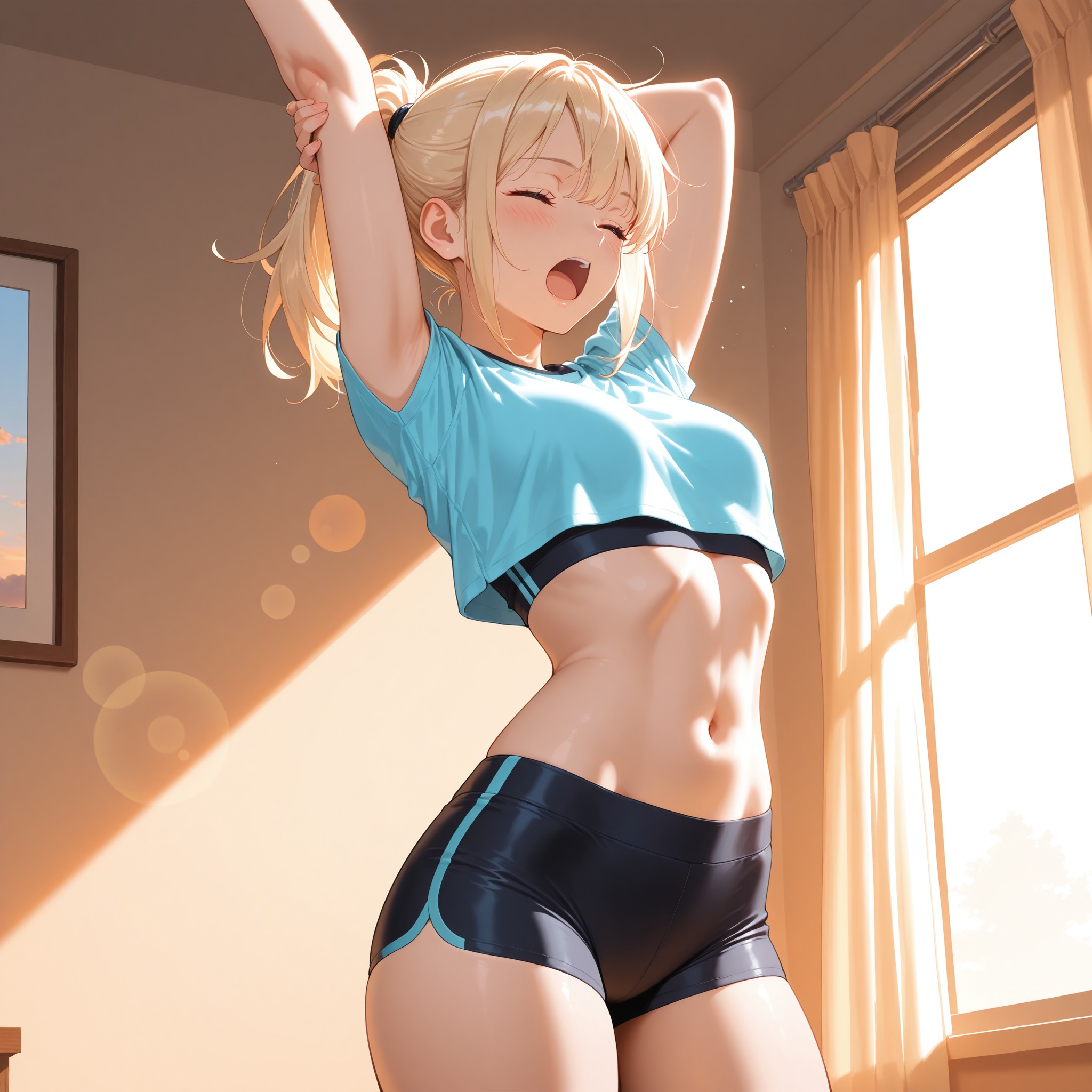 朝のストレッチポーズで全身のボディラインを魅せる一枚。両腕を頭の後ろに上げることでウエストとお腹のラインが強調され、やや下からのアングルがスタイルの良さを際立たせる。朝日の逆光が健康的なセクシーさを演出。