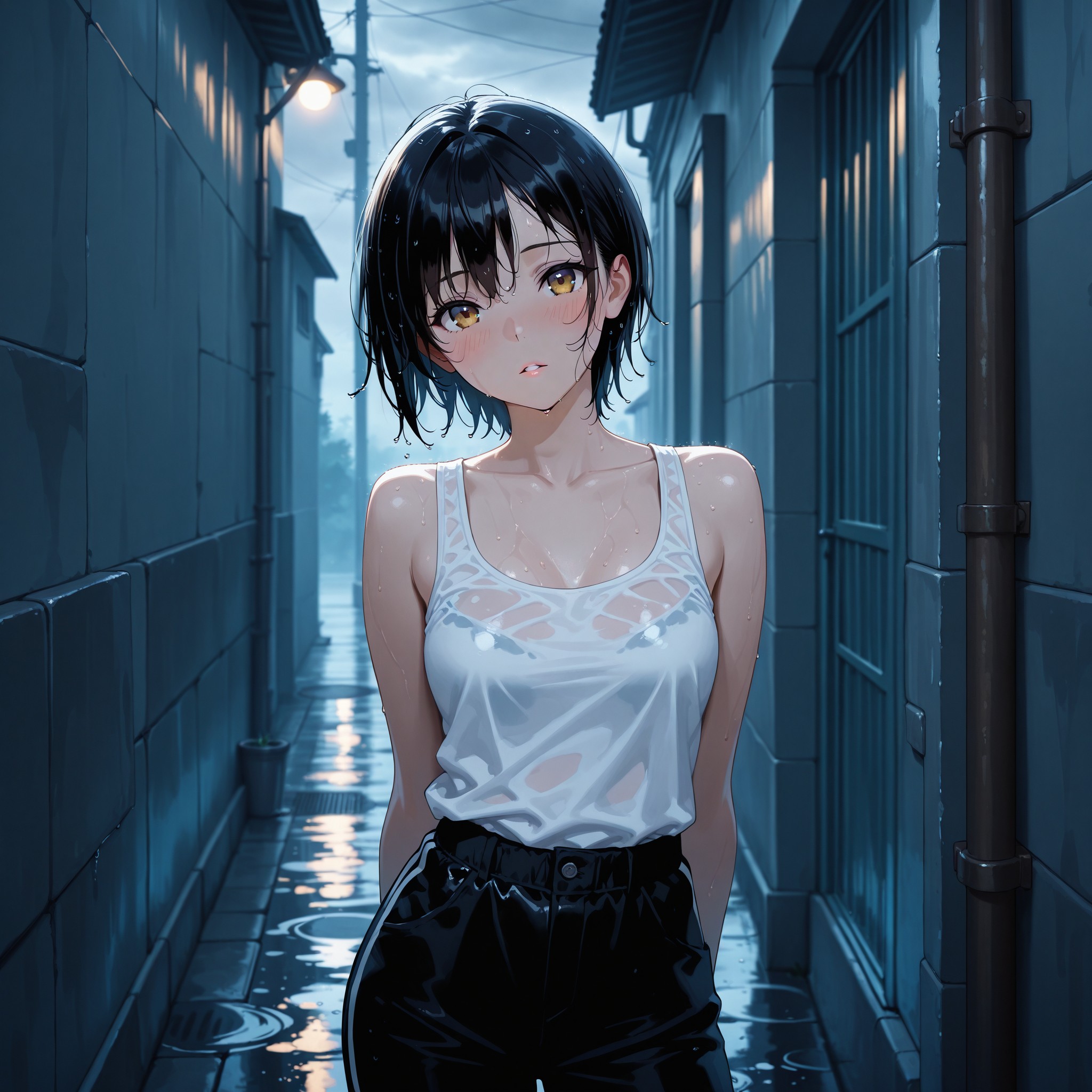 雨上がりに壁にもたれかかるポーズ。濡れた髪と肌、シースルーになったタンクトップが色気を最大限に引き出す。片足を曲げた立ちポーズと横からのドラマチックな光が、映画のワンシーンのような美しさを演出。