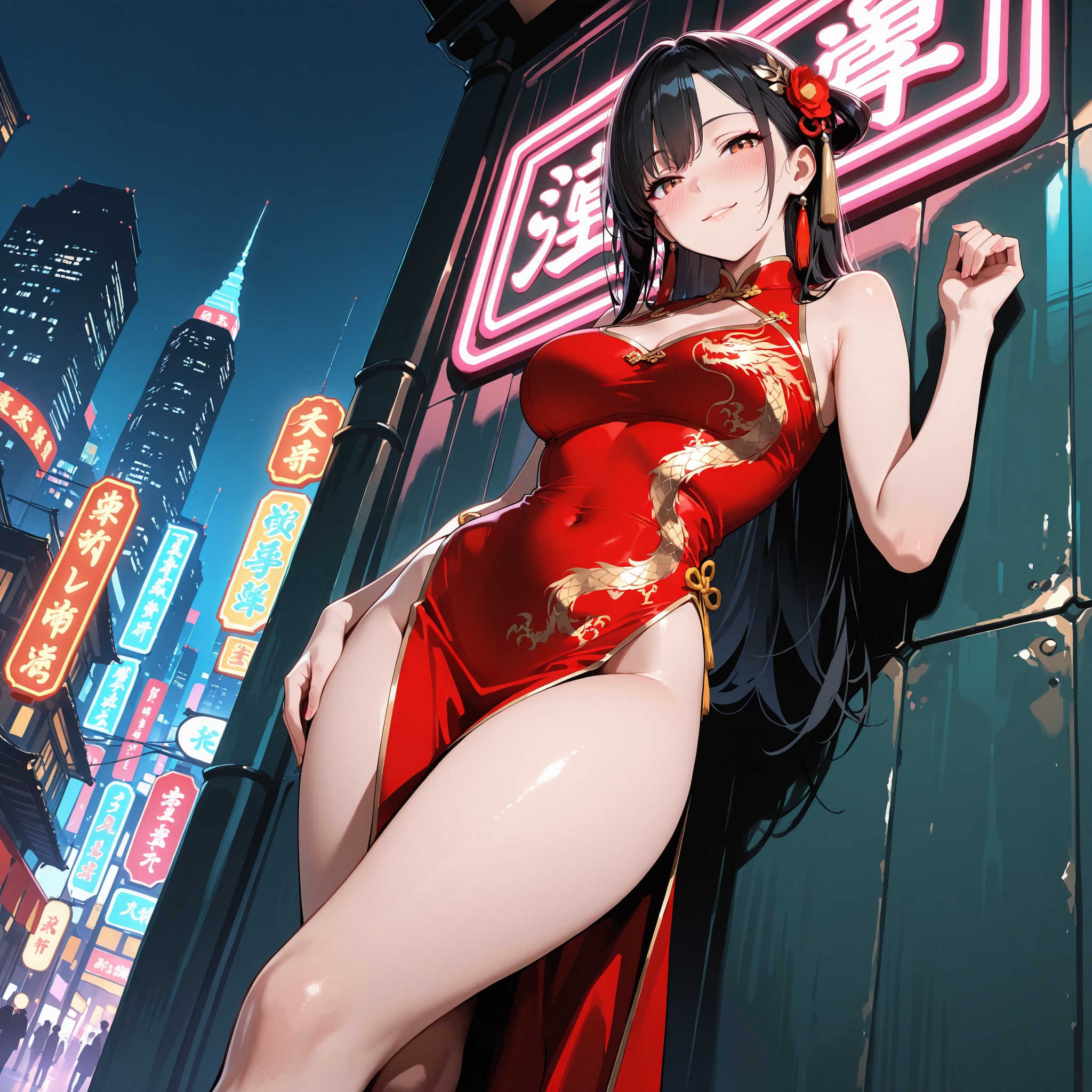 深紅のチャイナドレスで夜の街に佇む黒髪美少女。high slit dressで太ももを大胆に見せつつ、dragon embroideryやgold trimで衣装のディテールを盛り込みます。煽りアングル（from below）とネオンライトの組み合わせで妖艶な雰囲気を演出。