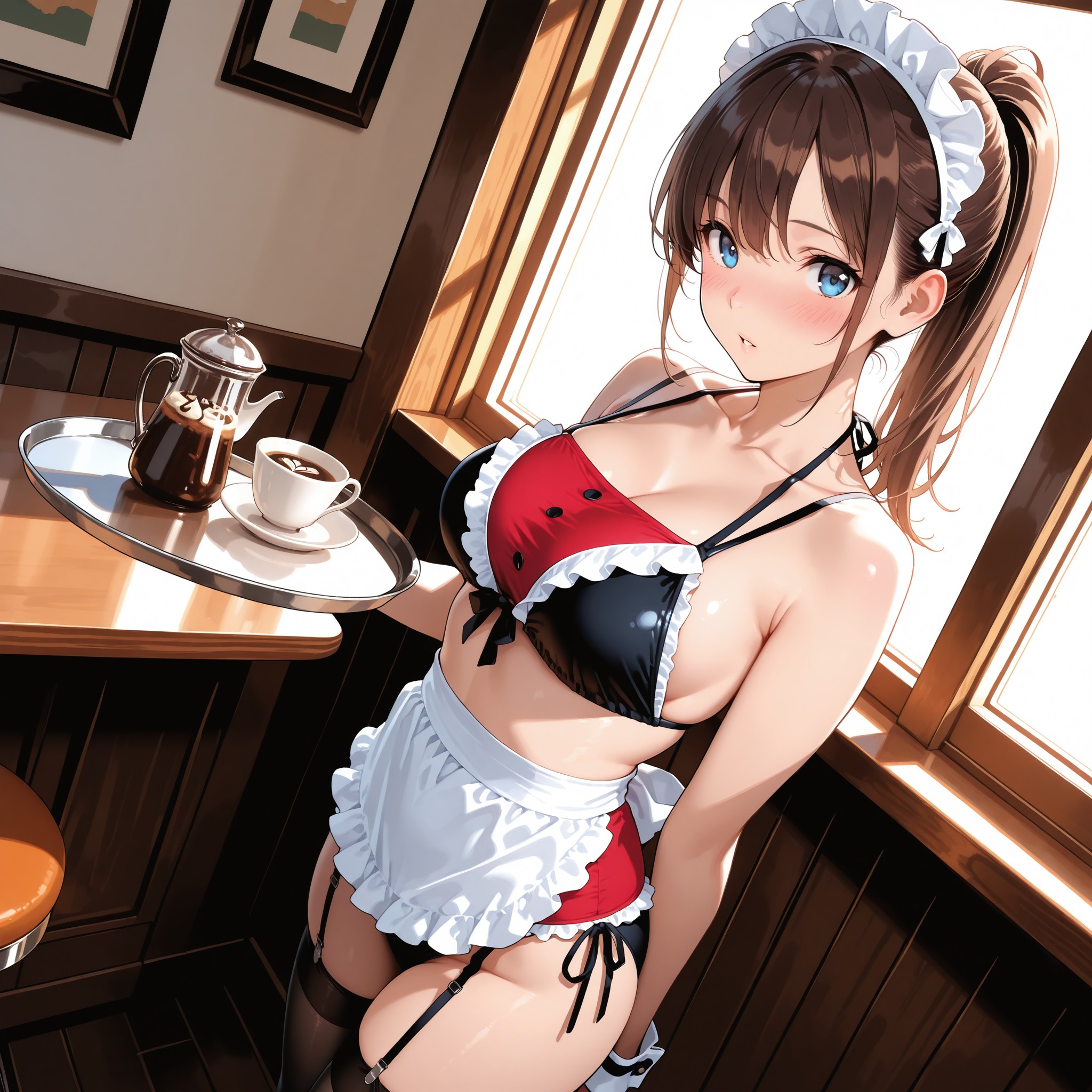 メイドビキニにニーハイとガーターを合わせたカフェ風コーデ。frilled bikiniとwhite apronの組み合わせで可愛さとセクシーさを両立。garter strapsやthighhighsなど脚元の際どさを引き出すタグ活用法を紹介します。