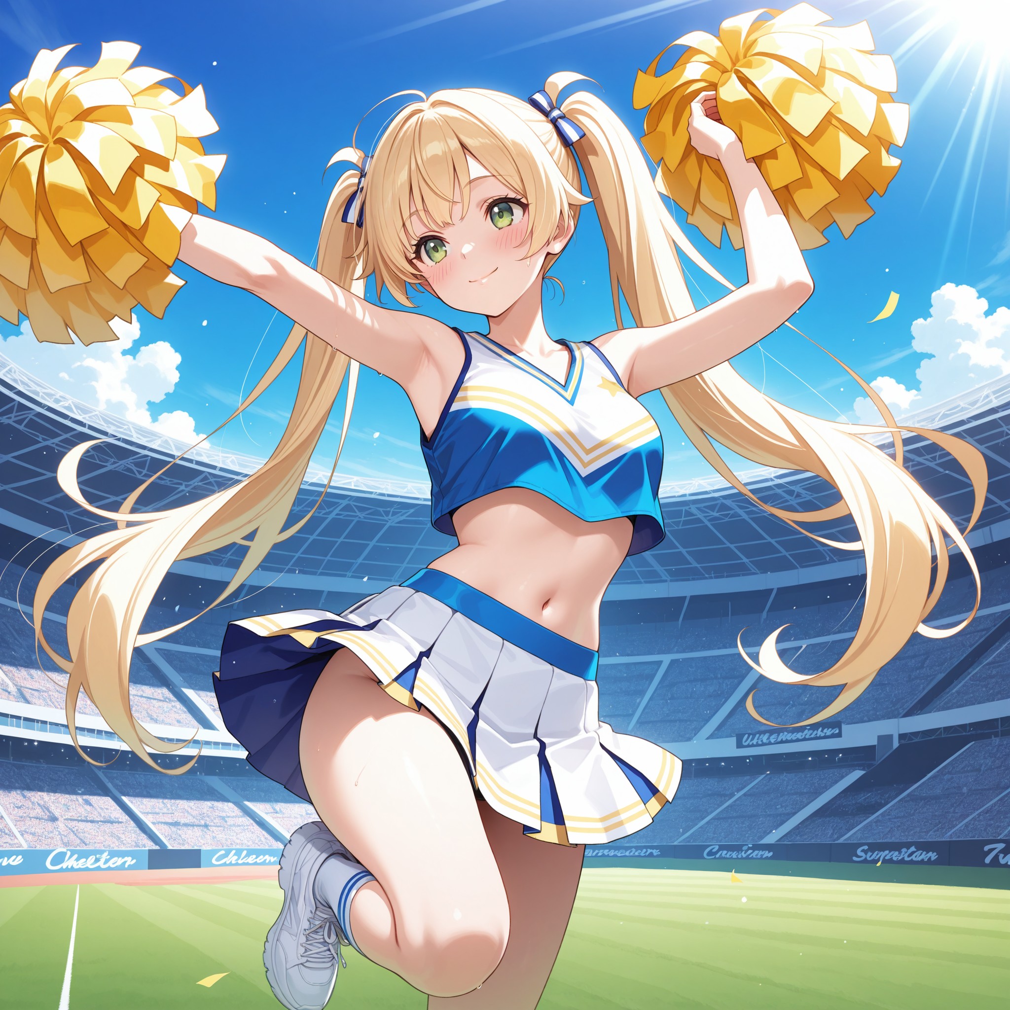 チアリーダー衣装でジャンプするツインテール少女。crop topとpleated skirtでヘルシーな肌見せを実現しつつ、dynamic poseとmotion blurで躍動感を演出。ローアングルから風になびくスカートとポンポンの動きを捉えた構図です。