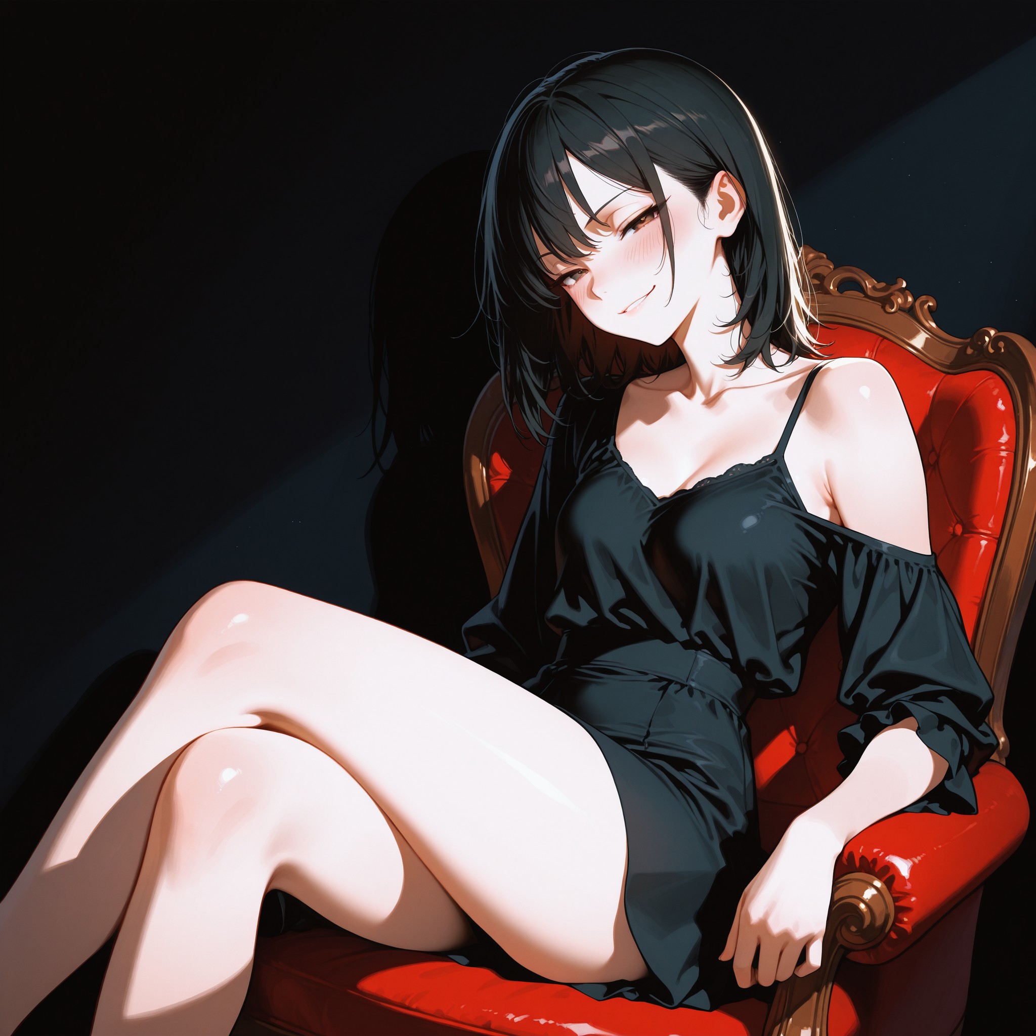 サイドライティングによる明暗のコントラスト（キアロスクーロ）でウエストからヒップへの曲線を強調。タイトな黒ドレスと横からの光が立体感を生み、大人っぽい色気を演出。