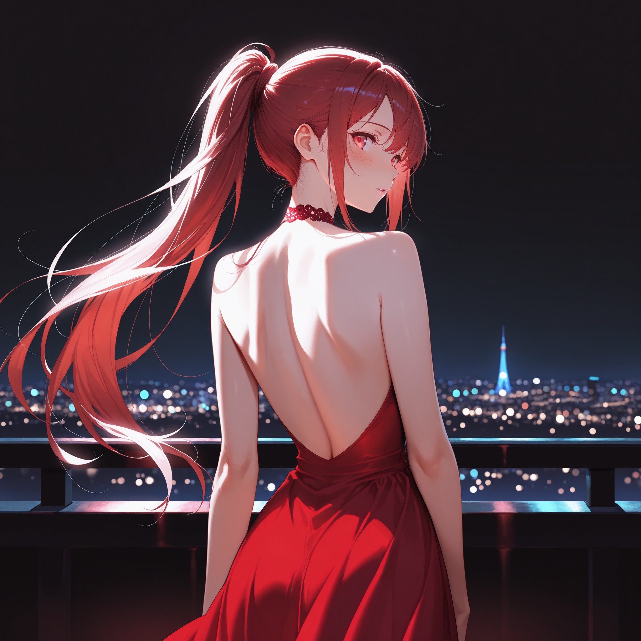 リムライト（縁取り光）で背中のラインを際立たせる構図。バックレスの赤ドレスと都会のネオンが輪郭を美しく縁取り、肩甲骨からウエストへ流れるラインを印象的に見せる。