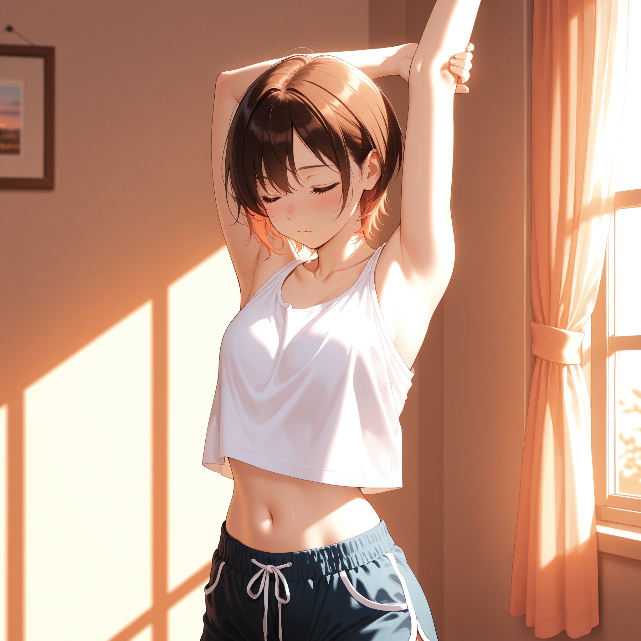 朝の窓辺から差し込む自然光でストレッチポーズの全身を照らすシーン。腕を上げることでウエストからお腹のラインが自然に露出し、柔らかい光と影のグラデーションが体の立体感を美しく描写。