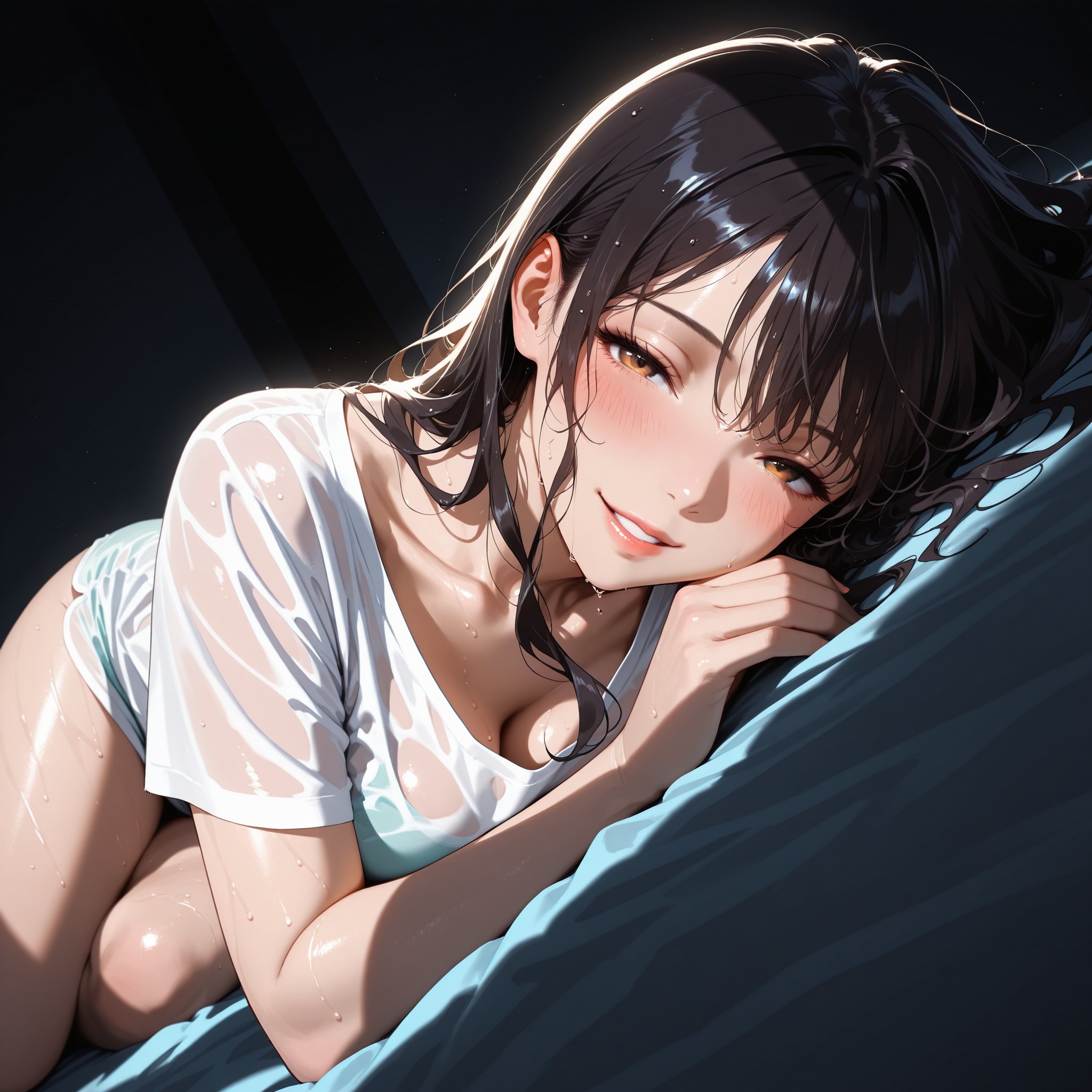 真上からのスポットライトが横たわるポーズの体に劇的な陰影を刻むドラマチック構図。濡れた白シャツが体に張り付くことでボディラインが透け、ダッチアングルと高コントラストが緊張感ある色気を演出。