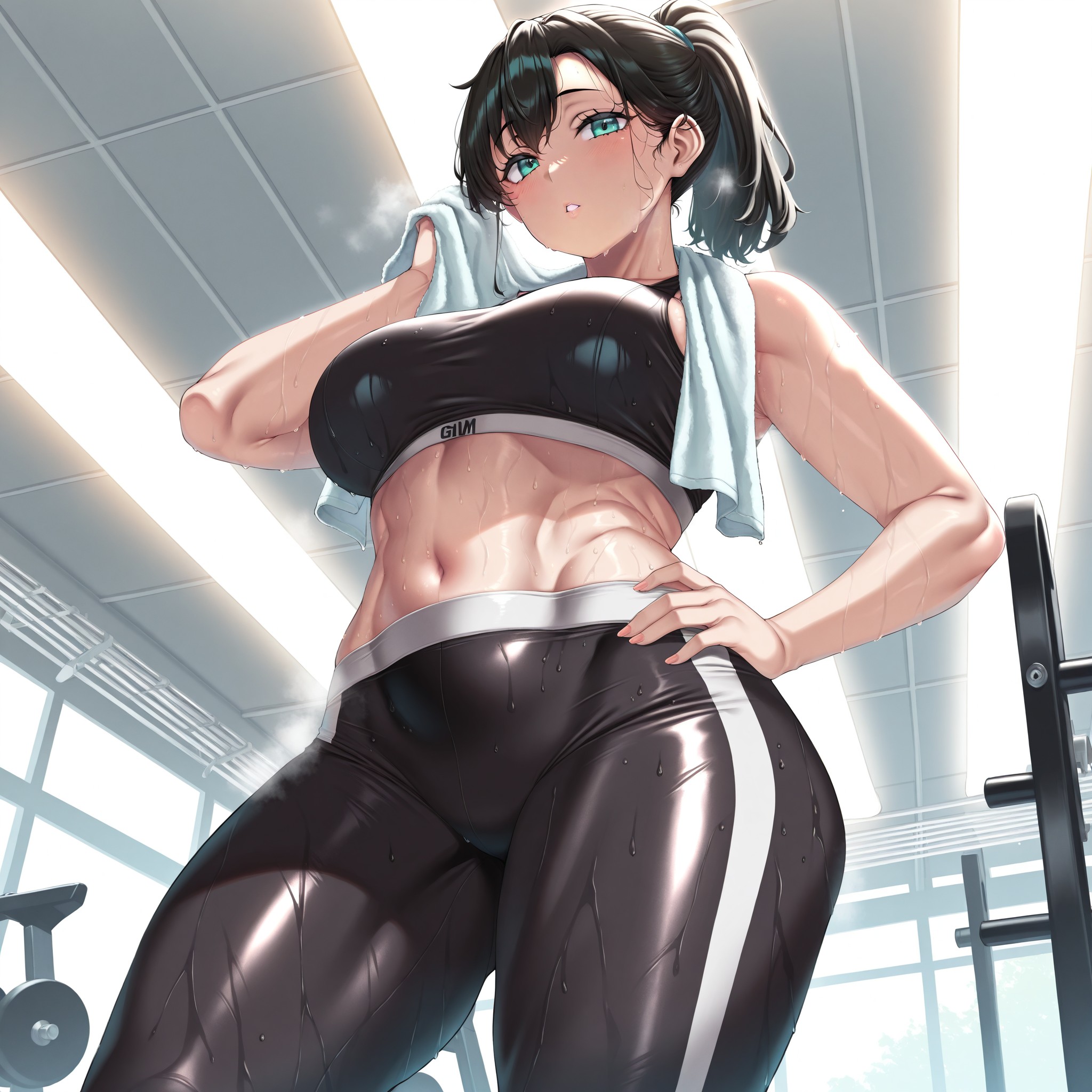 【運動直後のジム】sweat beadsとwet skinの重ねがけでトレーニング後の全身に浮かぶ汗を再現。蛍光灯のフラットな光がmoistureタグと合わさり、肌表面の水膜のような質感を表現。ローアングルから見上げる構図で、引き締まったボディラインの汗の流れを強調。