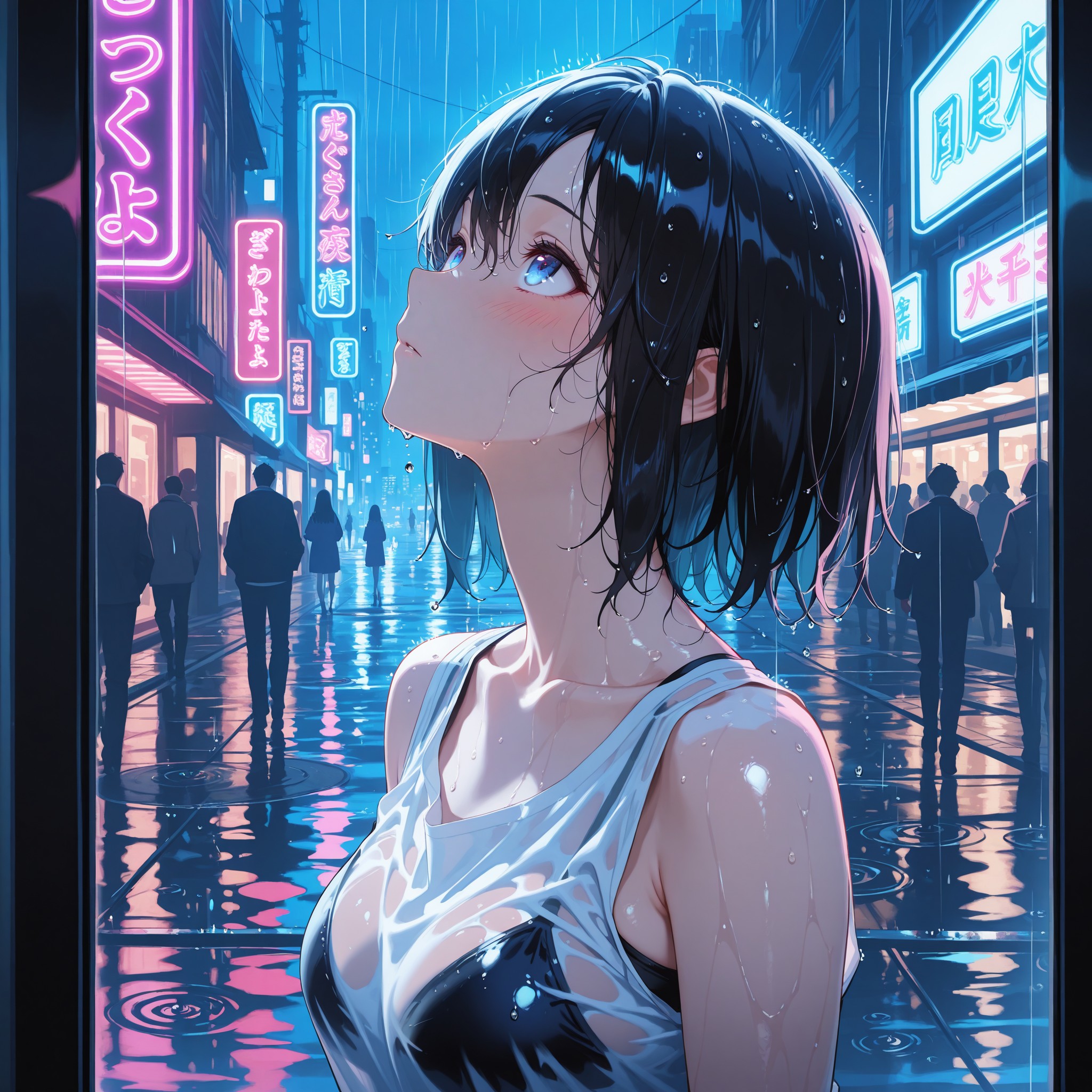 【夜の雨に打たれるシーン】water droplets on skinとwet clothesで雨粒が肌と衣装に張り付く質感を表現。ネオンのvolumetric lightingが濡れた肌に反射し、乾いた肌では出せない独特の色彩グラデーションを生む。横からのアングルで頬を伝う雨粒と憂いの表情を捉える。