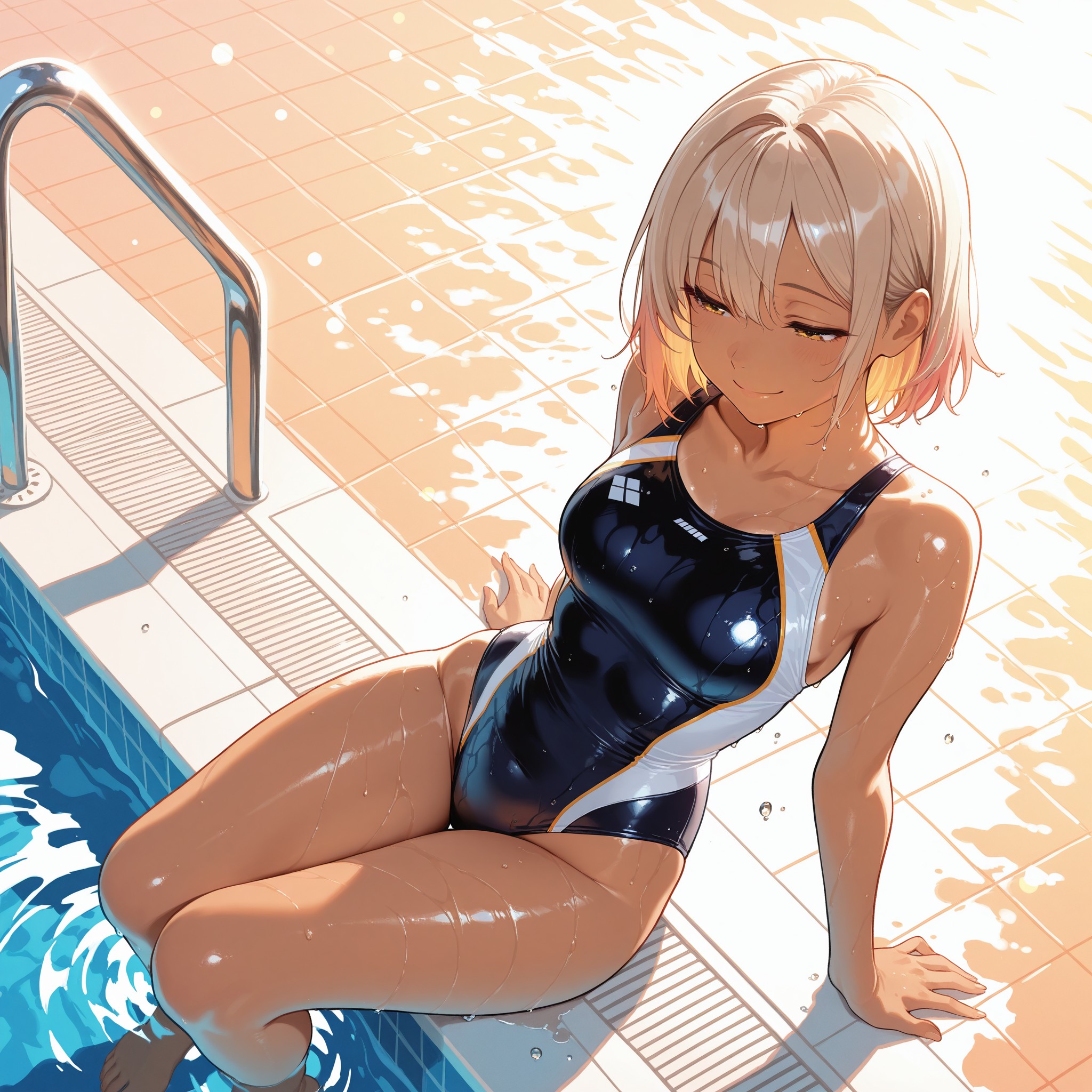 【ゴールデンアワーのプールサイド】golden hourの暖色光×specular highlightsで水滴が宝石のように輝く肌を演出。light brown skinタグで小麦肌のベースを作り、水滴との明暗コントラストを最大化。俯瞰アングルでプールサイドに座るリラックスポーズ、太ももに残る水滴の質感を見せる。