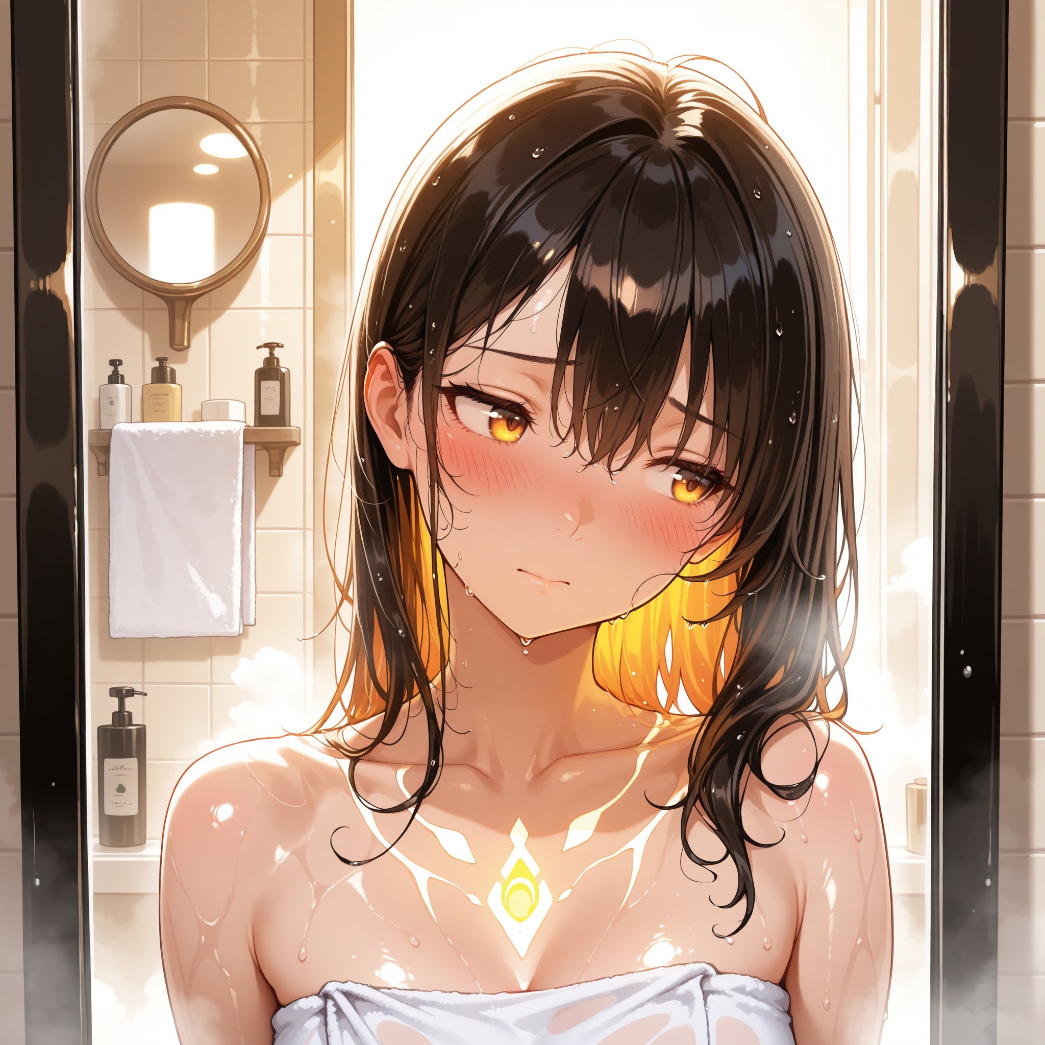 【入浴後の湯気の中】dewy skinとmoist skinの併用で湯上がり特有のしっとり肌を表現。steamとfogで湿度の高い空間を演出し、translucent skinタグが肌の透明感と血色を引き出す。クローズアップ構図で毛穴(pores)まで描き込まれた超高精細な肌質感と、恥じらいの表情を見せる。