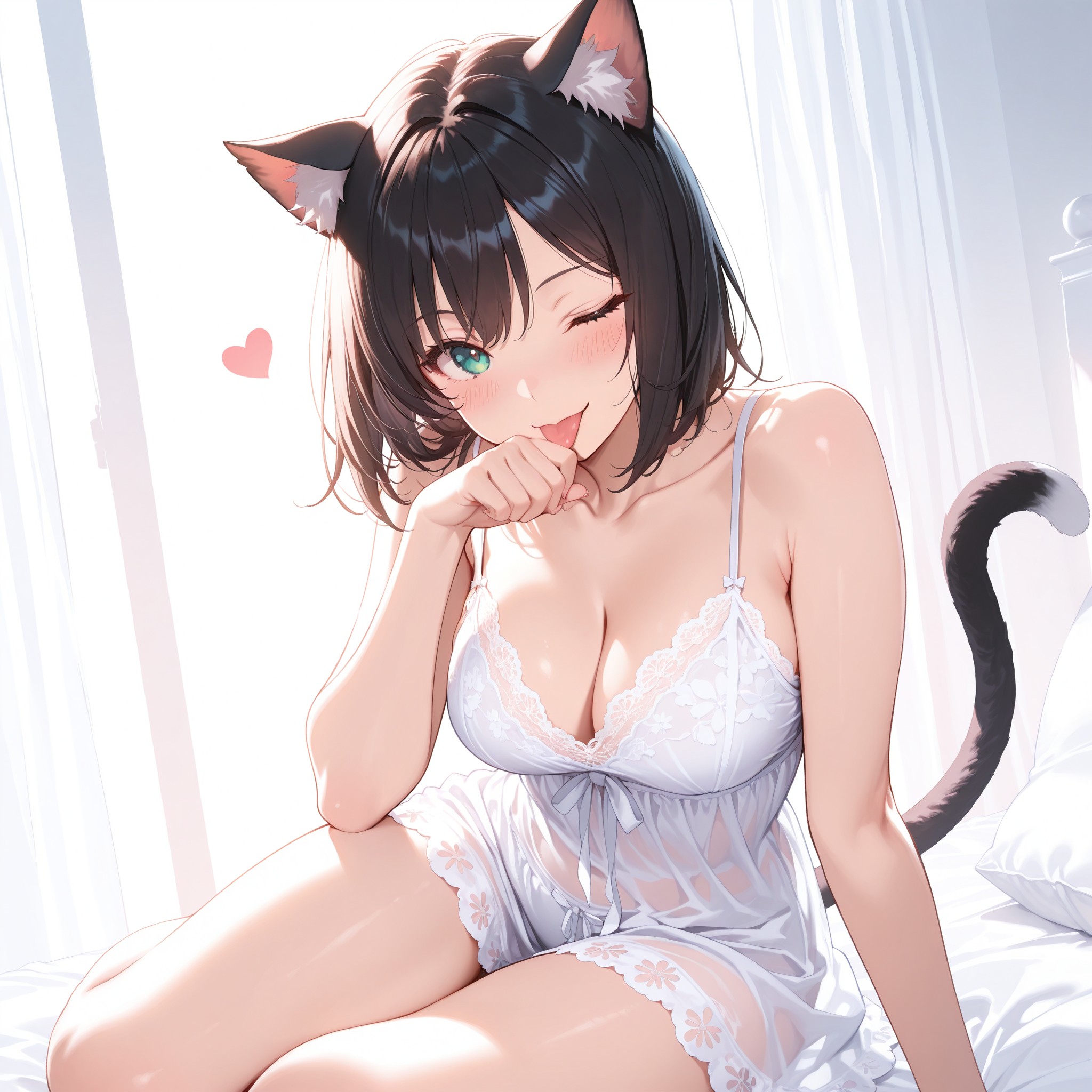 手をぺろぺろと舐める猫の毛づくろい仕草を再現。ウィンクと小さく出した舌がいたずらっぽく、レースのシュミーズの透け感が色っぽさをプラス。やや上からのアングルで上目遣い効果も。