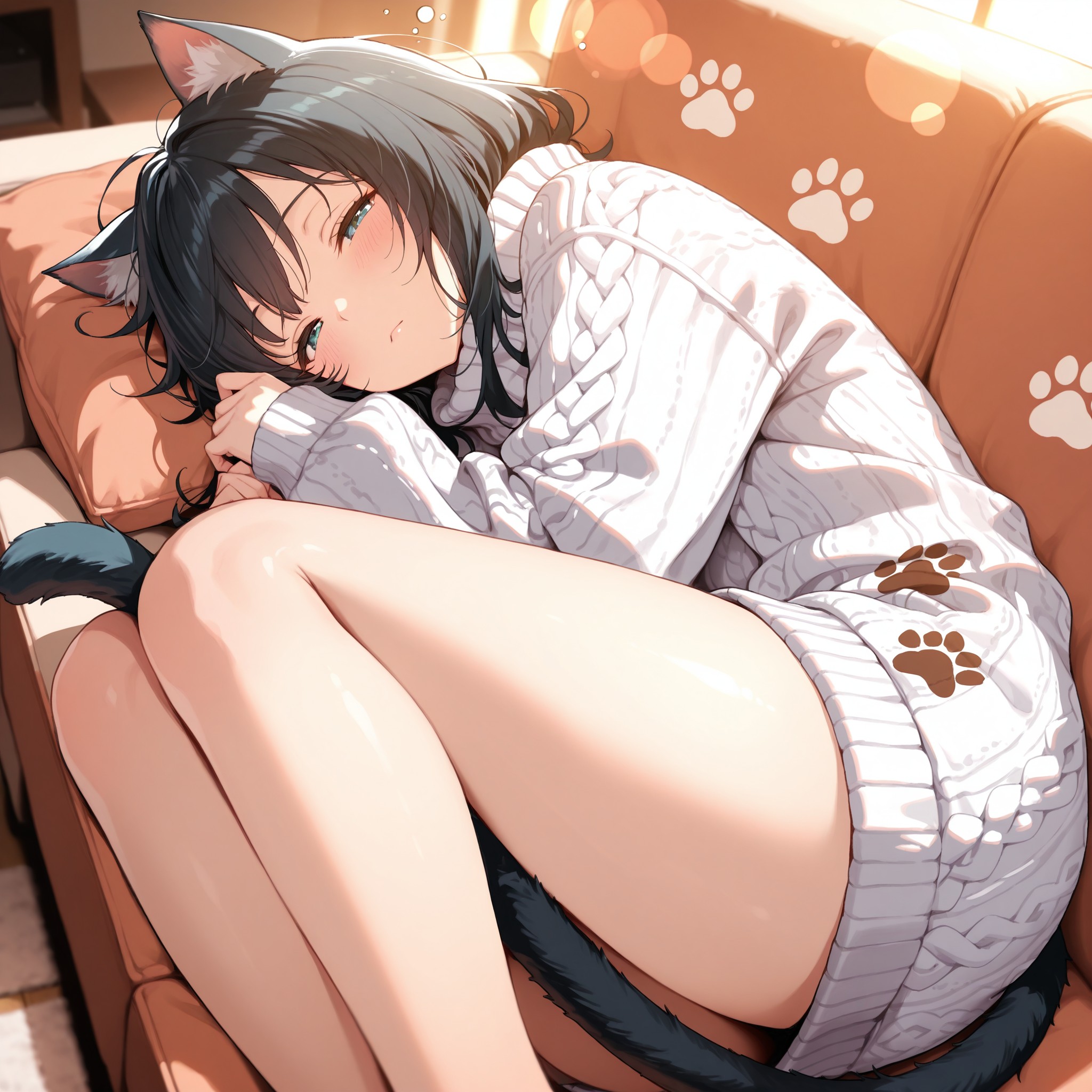 ソファで丸まって眠る猫のような姿。オーバーサイズニットから伸びる素足と、体に巻きつくしっぽが猫らしさ満点。半開きの目でこちらを見つめる表情が、無防備なセクシーさを演出。