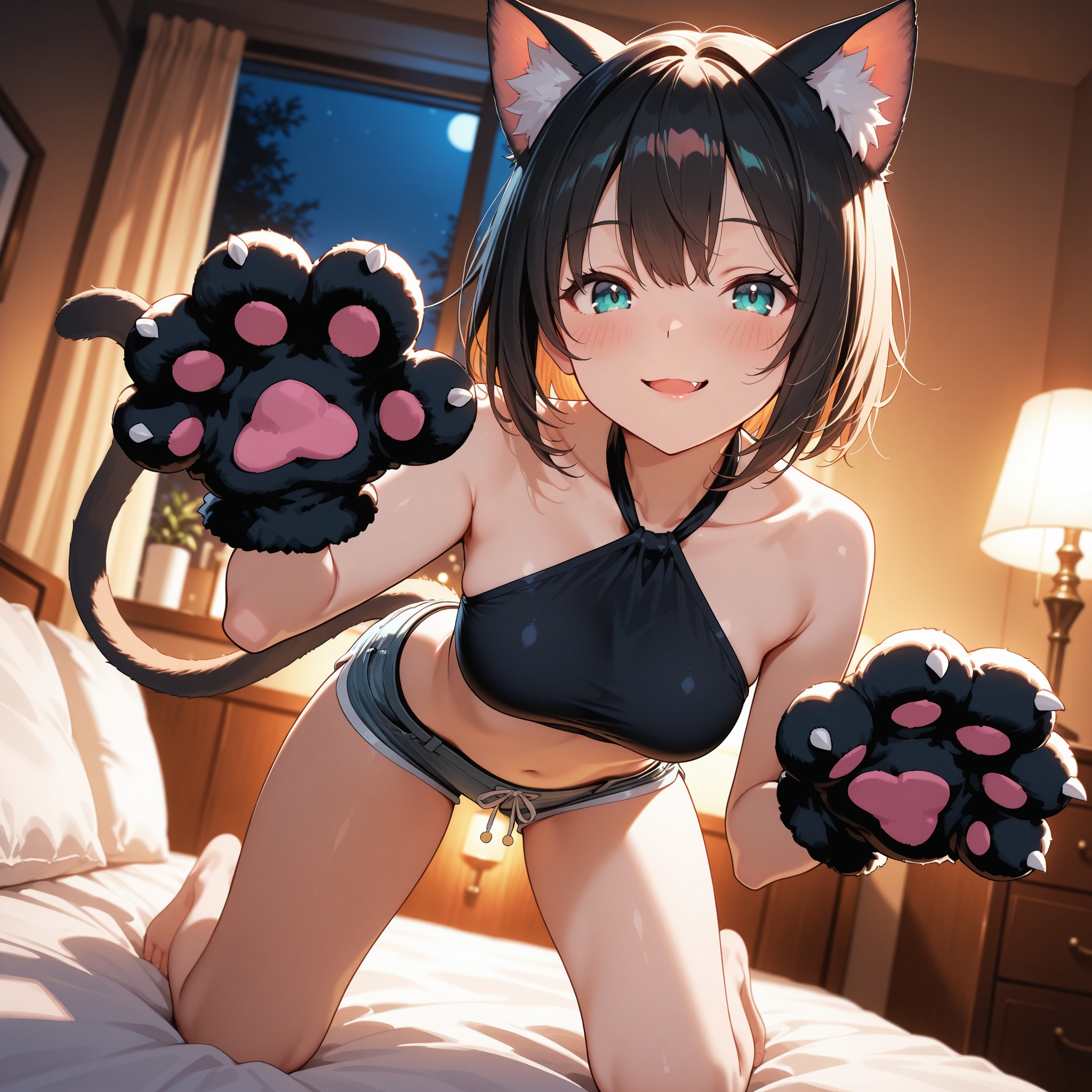 ベッドの上から猫パンチのように手を伸ばすポーズ。肉球グローブと八重歯の組み合わせが小悪魔的。下からのアングルで迫力を出し、ホルターネックから見える鎖骨ラインがポイント。