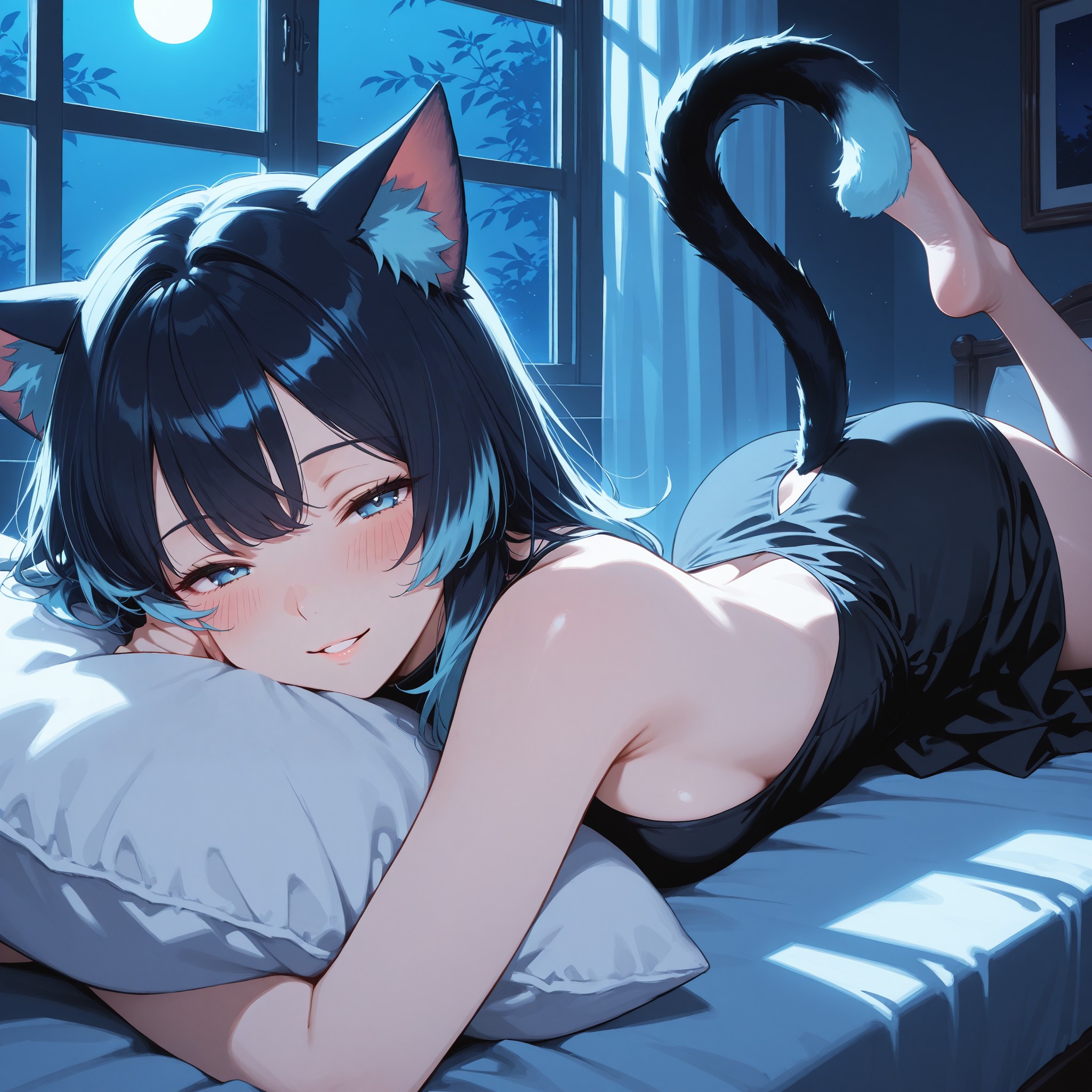 枕にすりすりと頬を擦りつける甘え仕草。うつ伏せで背中が見えるバックレスドレスが大人っぽいセクシーさを演出。月明かりのリムライティングが肌の質感を美しく際立たせる。