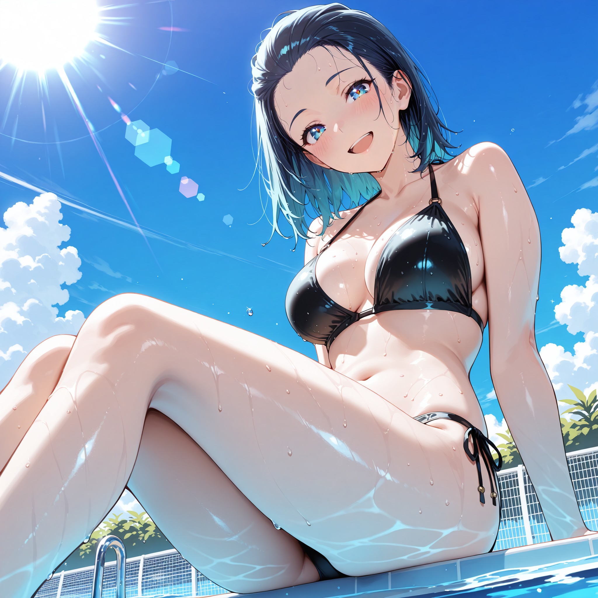 プールサイドに腰掛けるシーン。「glistening skin」「water droplets」で太陽光に照らされた水滴の粒感を表現。ローアングル構図で脚線美を強調しつつ、「slicked back hair」で濡れ髪のオールバックスタイルに。夏の開放的な笑顔がポイント。