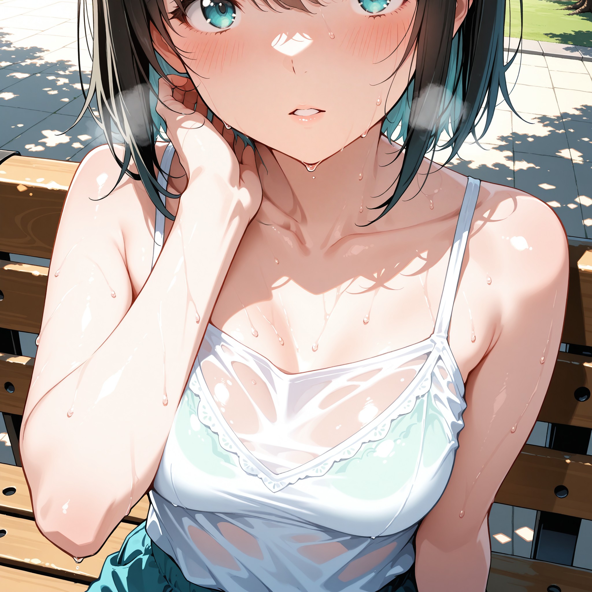 真夏の木陰で汗ばむシーン。薄手キャミソールが汗で肌に張り付く質感を「clinging clothes」「damp skin」で再現。俯瞰アングルから首筋に手を当てる仕草と上目遣い、「perspiration」で汗の粒感を加え、夏の蒸し暑さと色気を同時に演出。